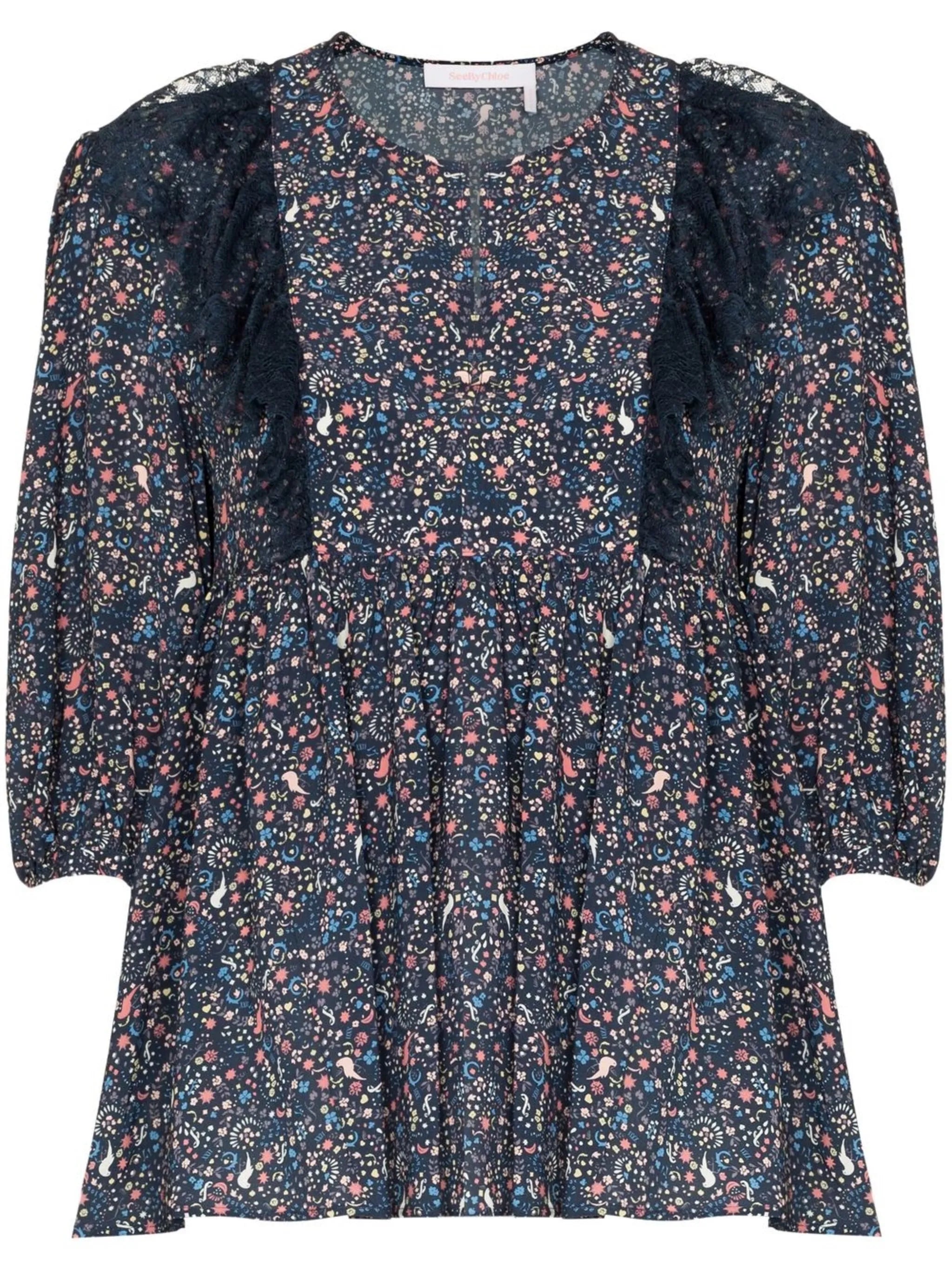 lace-detail printed blouse