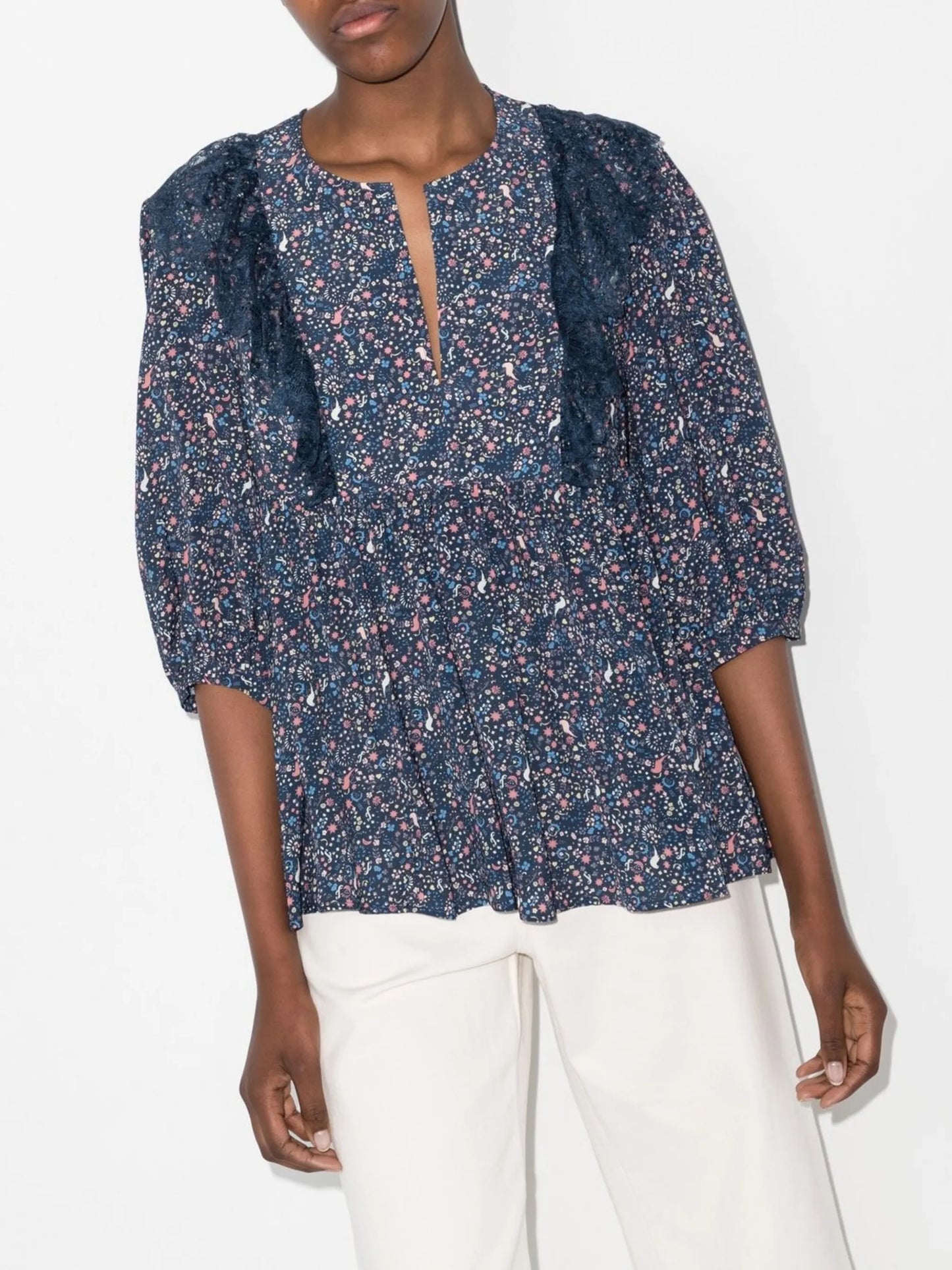 lace-detail printed blouse