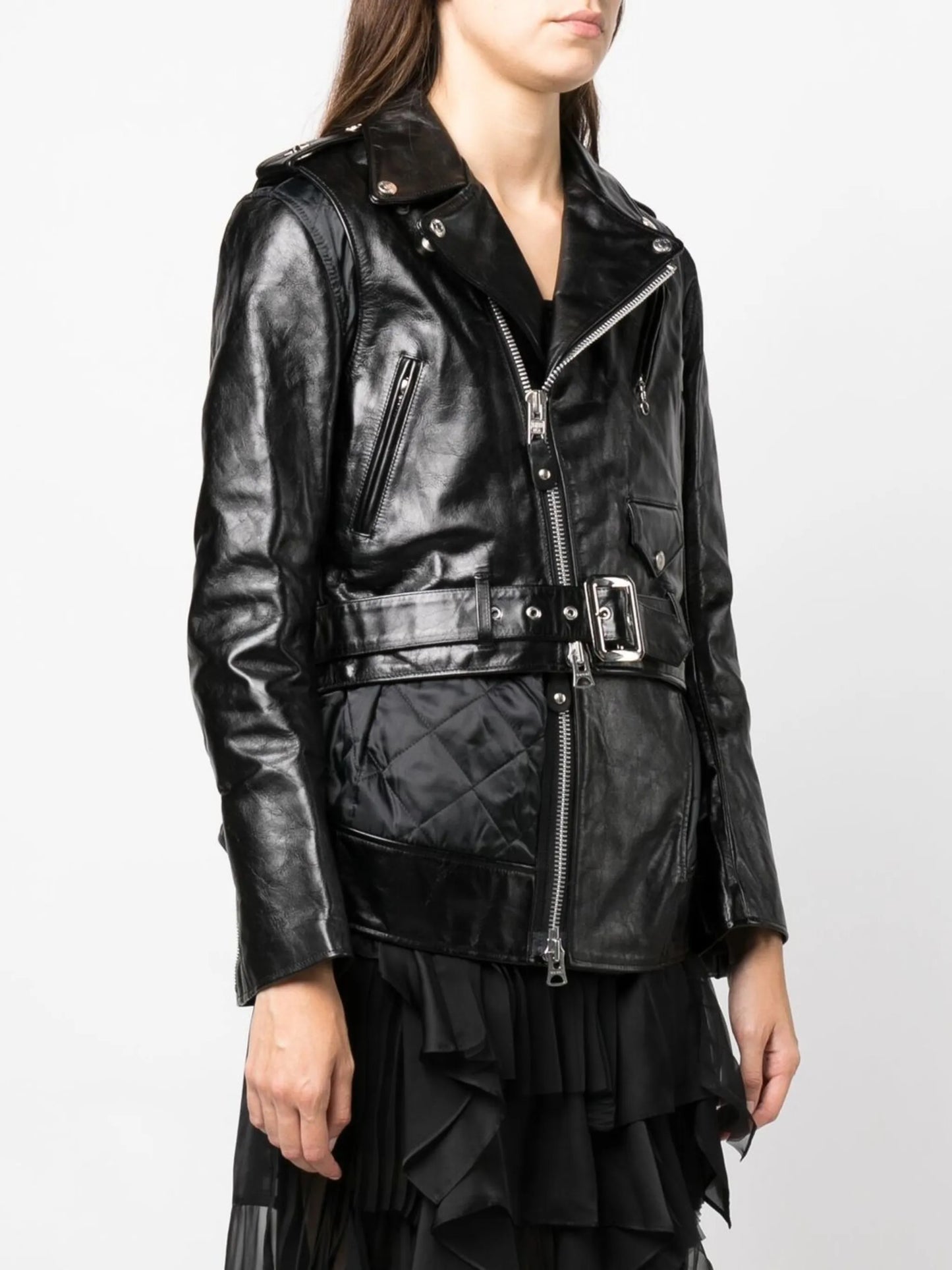 crinkled-effect asymmetric leather jacket