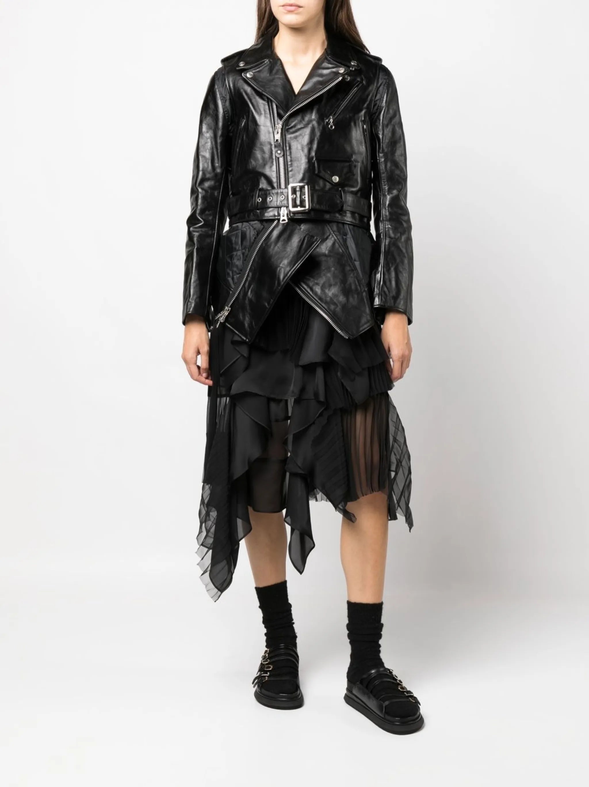 crinkled-effect asymmetric leather jacket