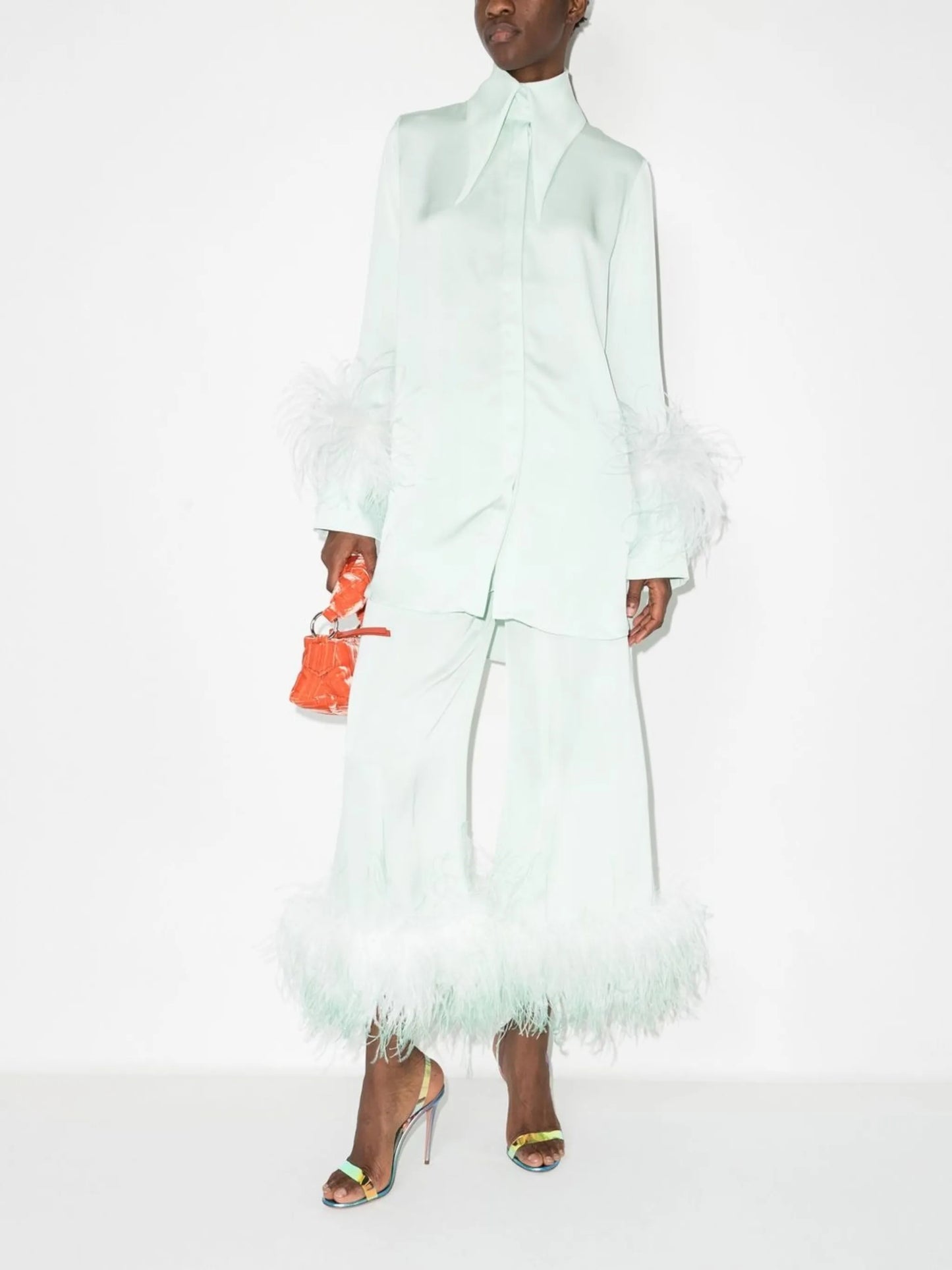 oversize-collar feather-trim shirt