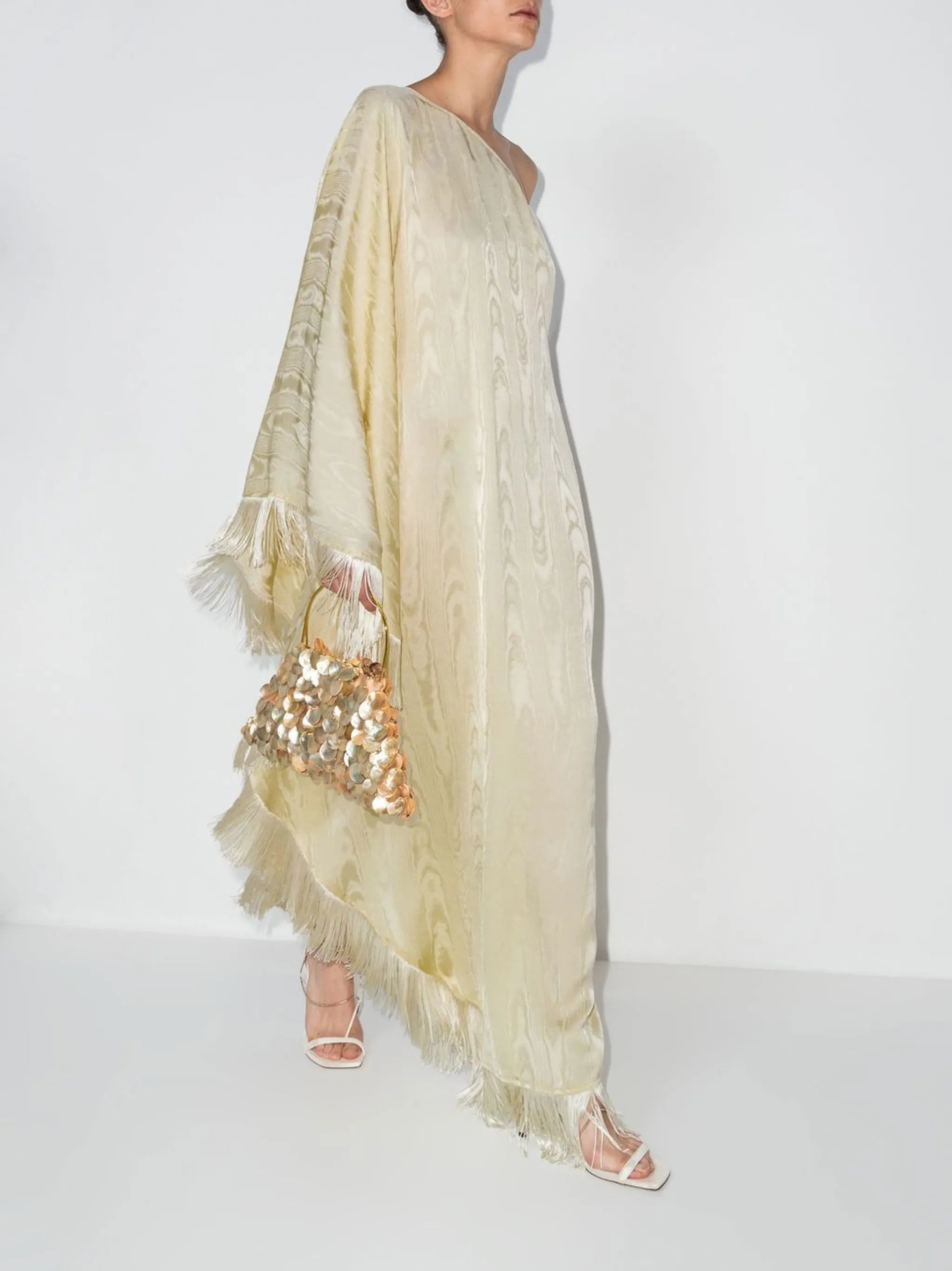 one-shoulder fringed maxi dress