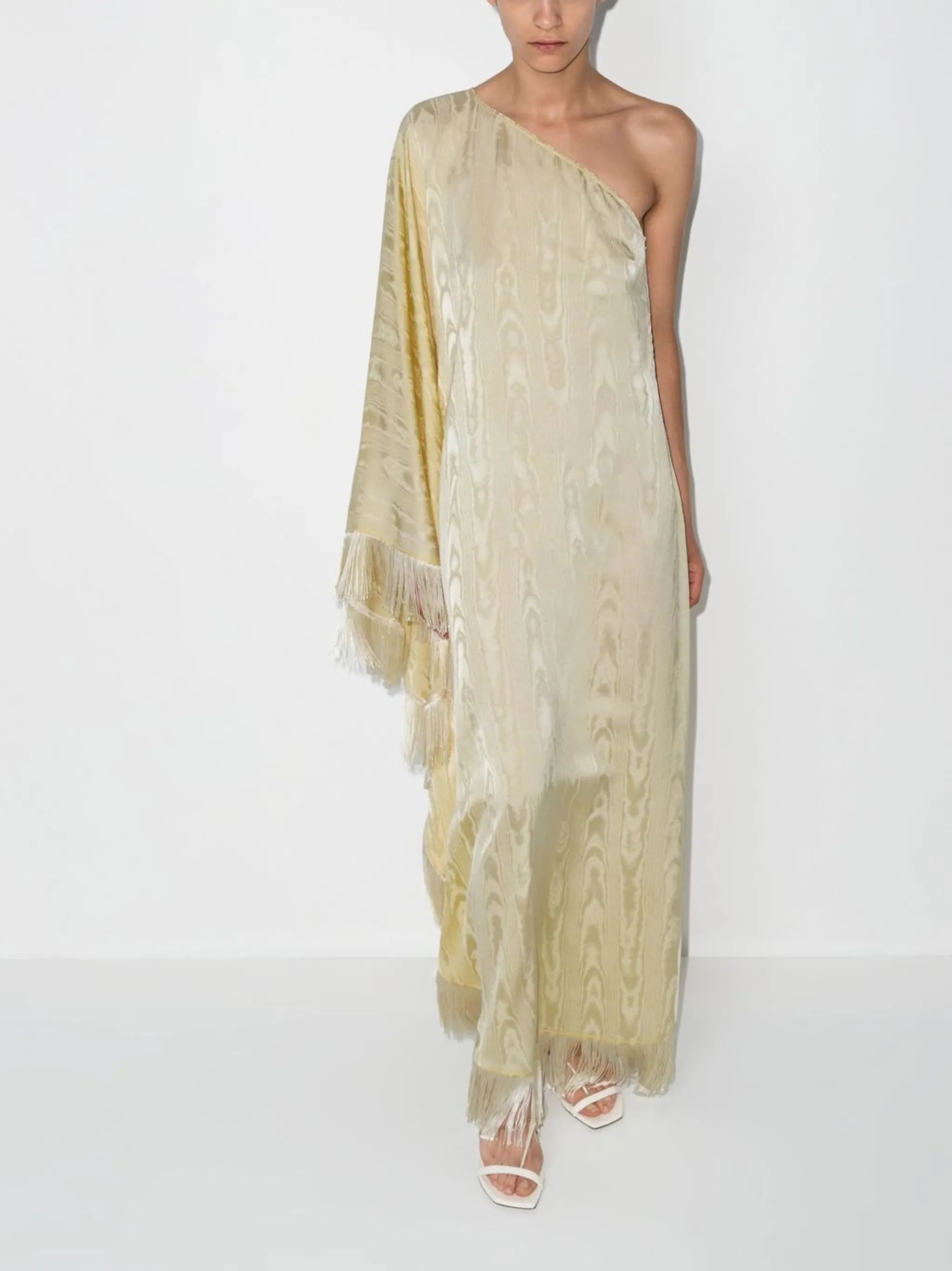 one-shoulder fringed maxi dress