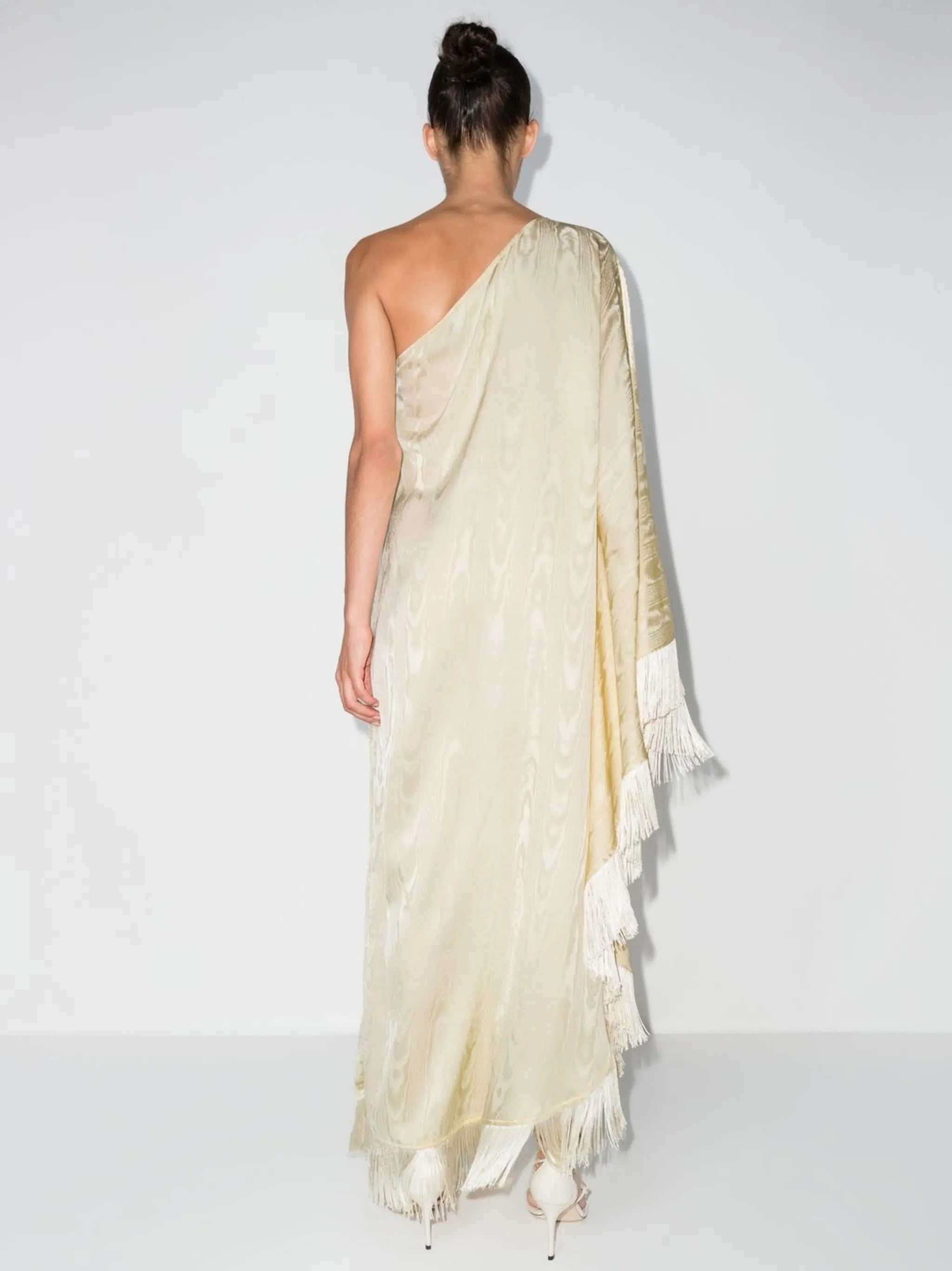 one-shoulder fringed maxi dress