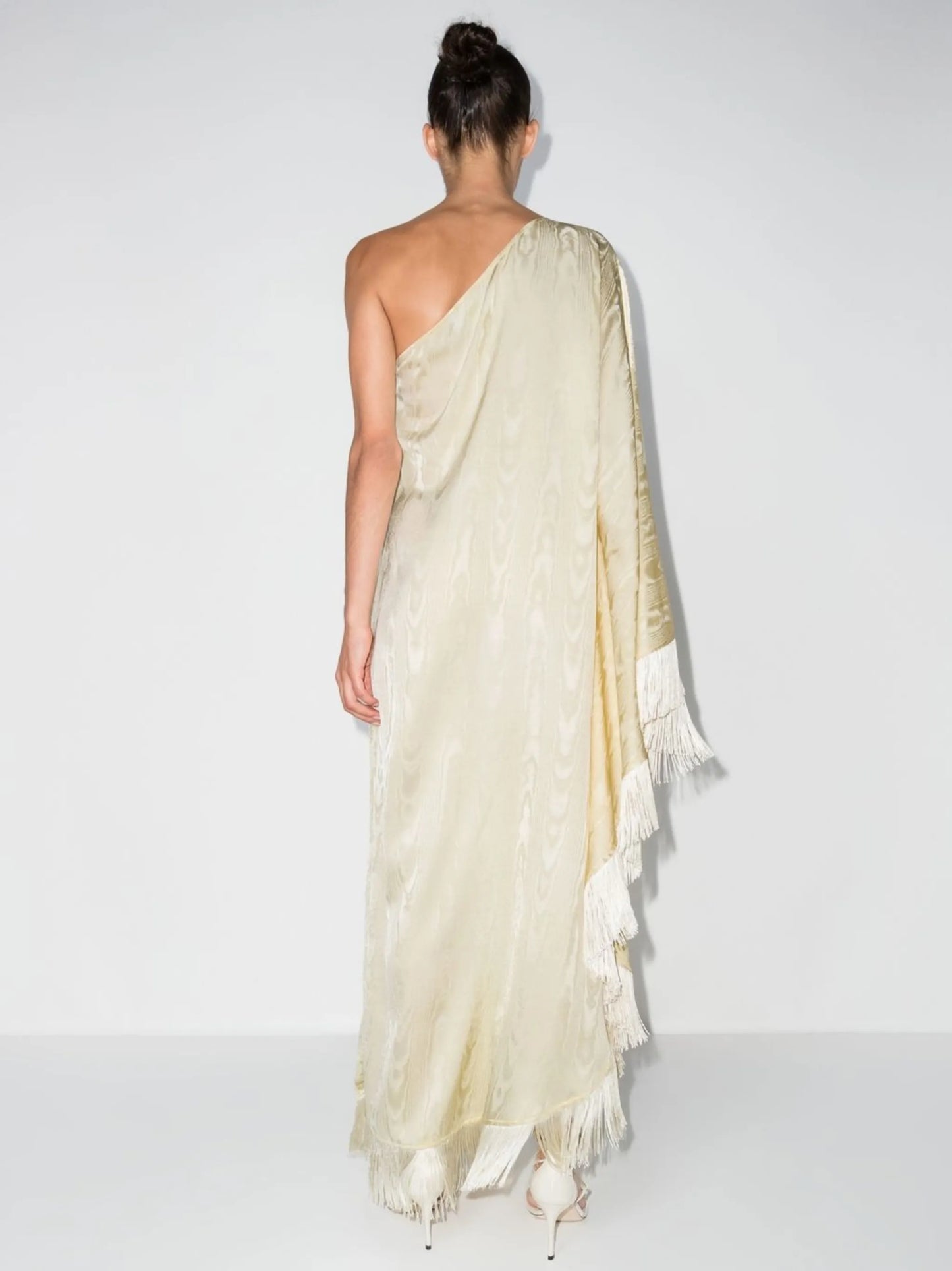 one-shoulder fringed maxi dress