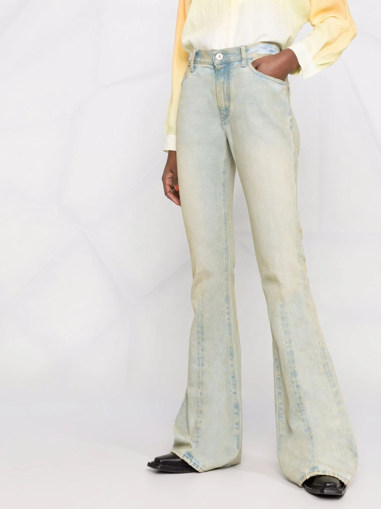 distressed-finish flared-leg denim jeans