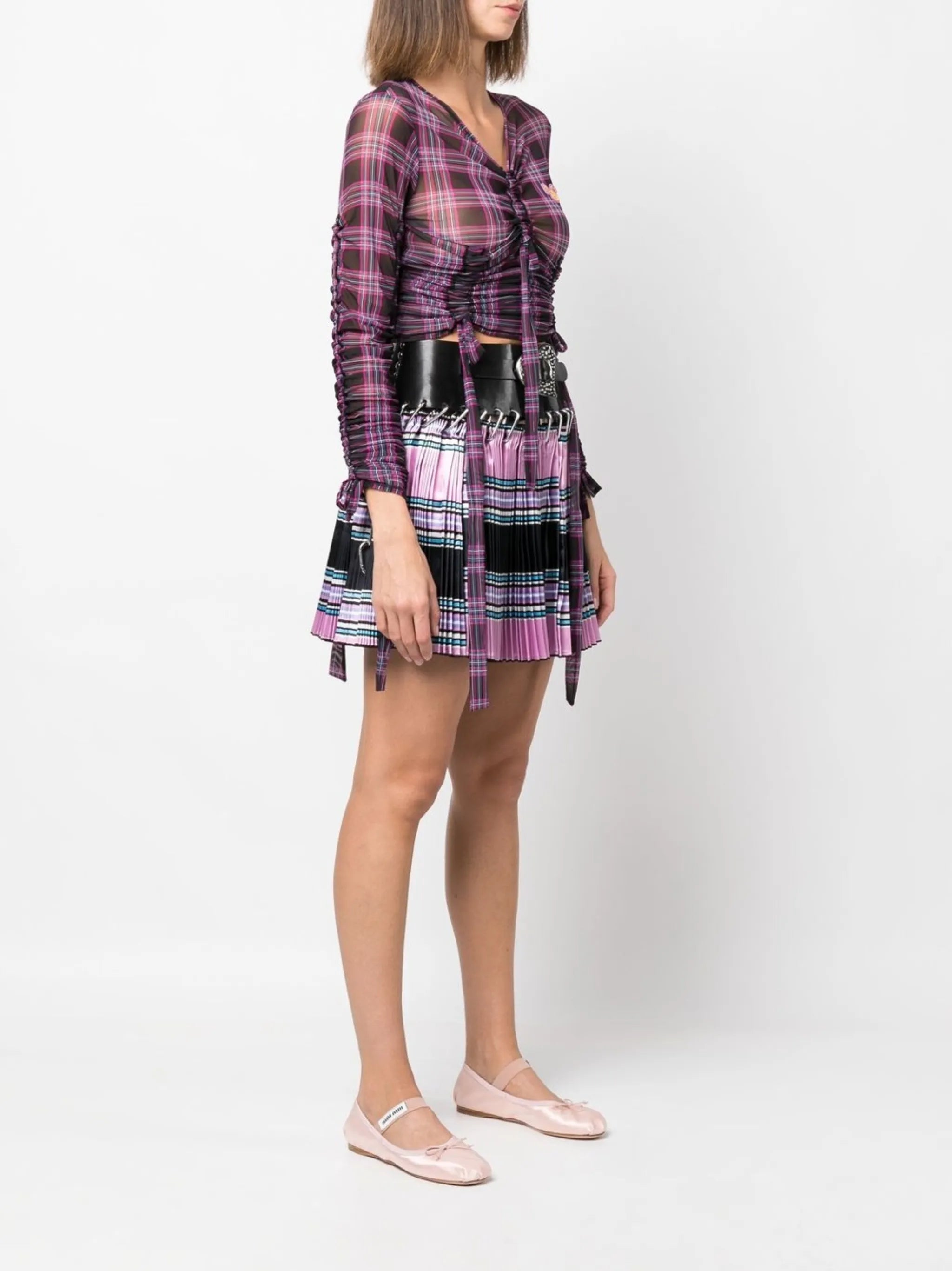 ruched check-pattern cropped top