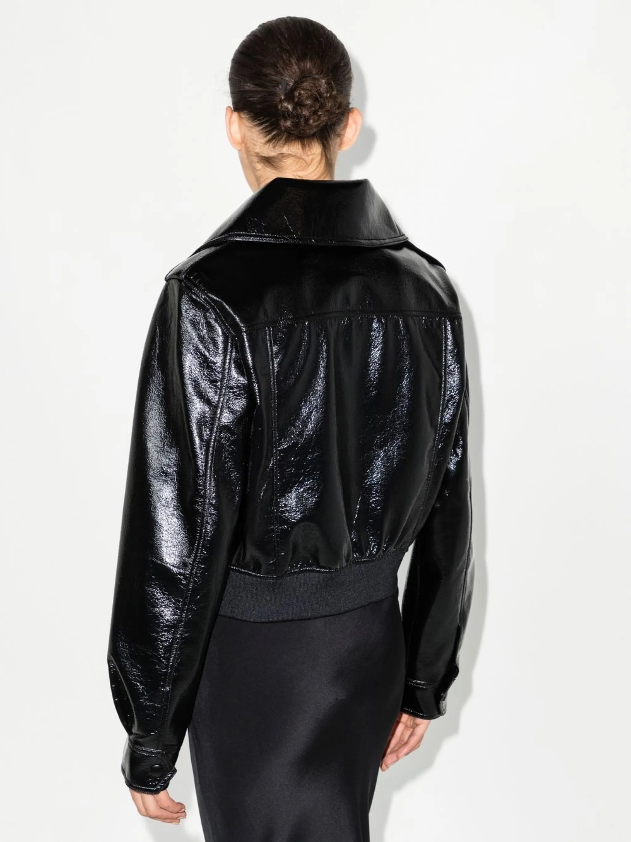 glossed faux-leather bomber jacket