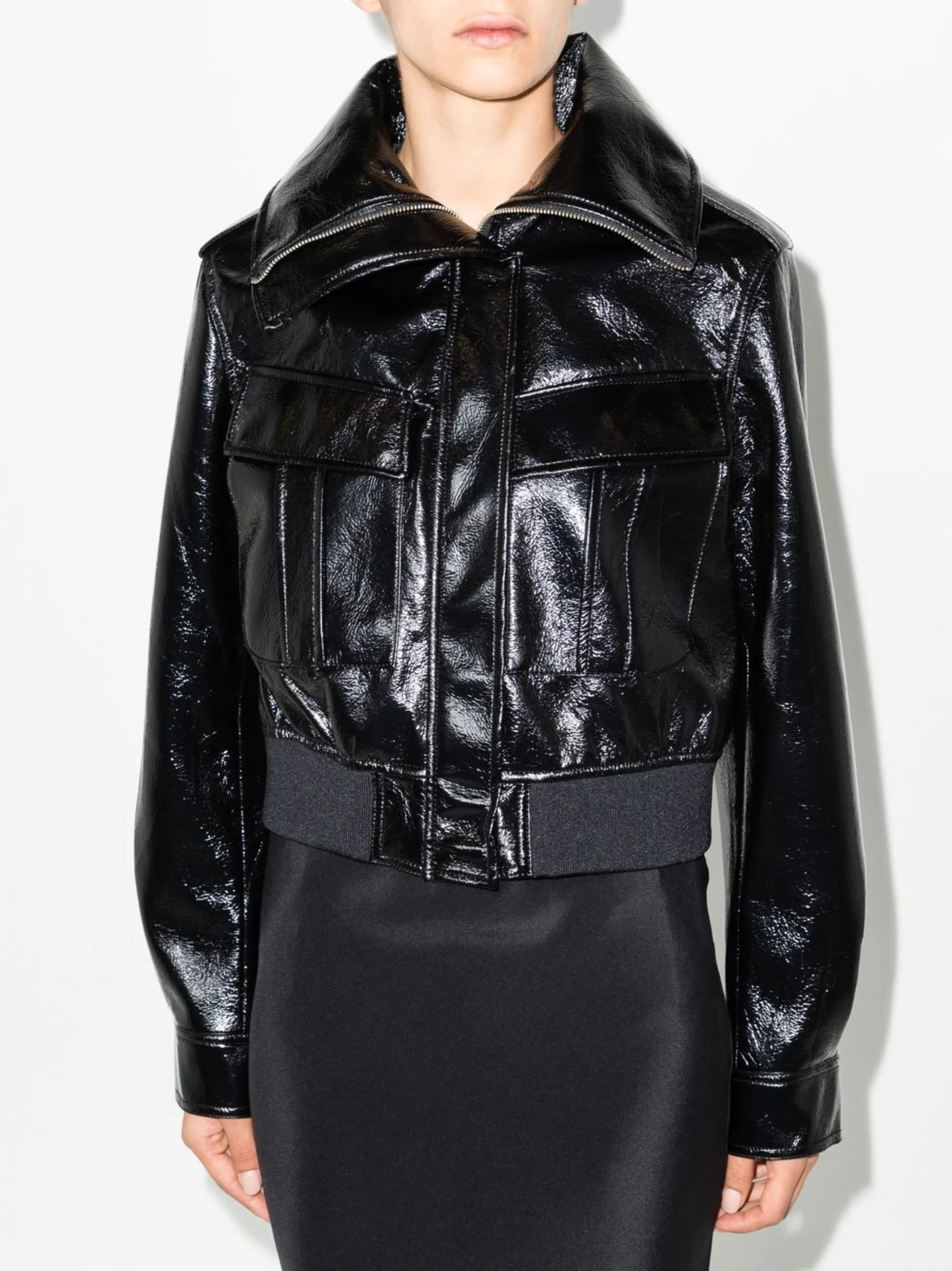 glossed faux-leather bomber jacket