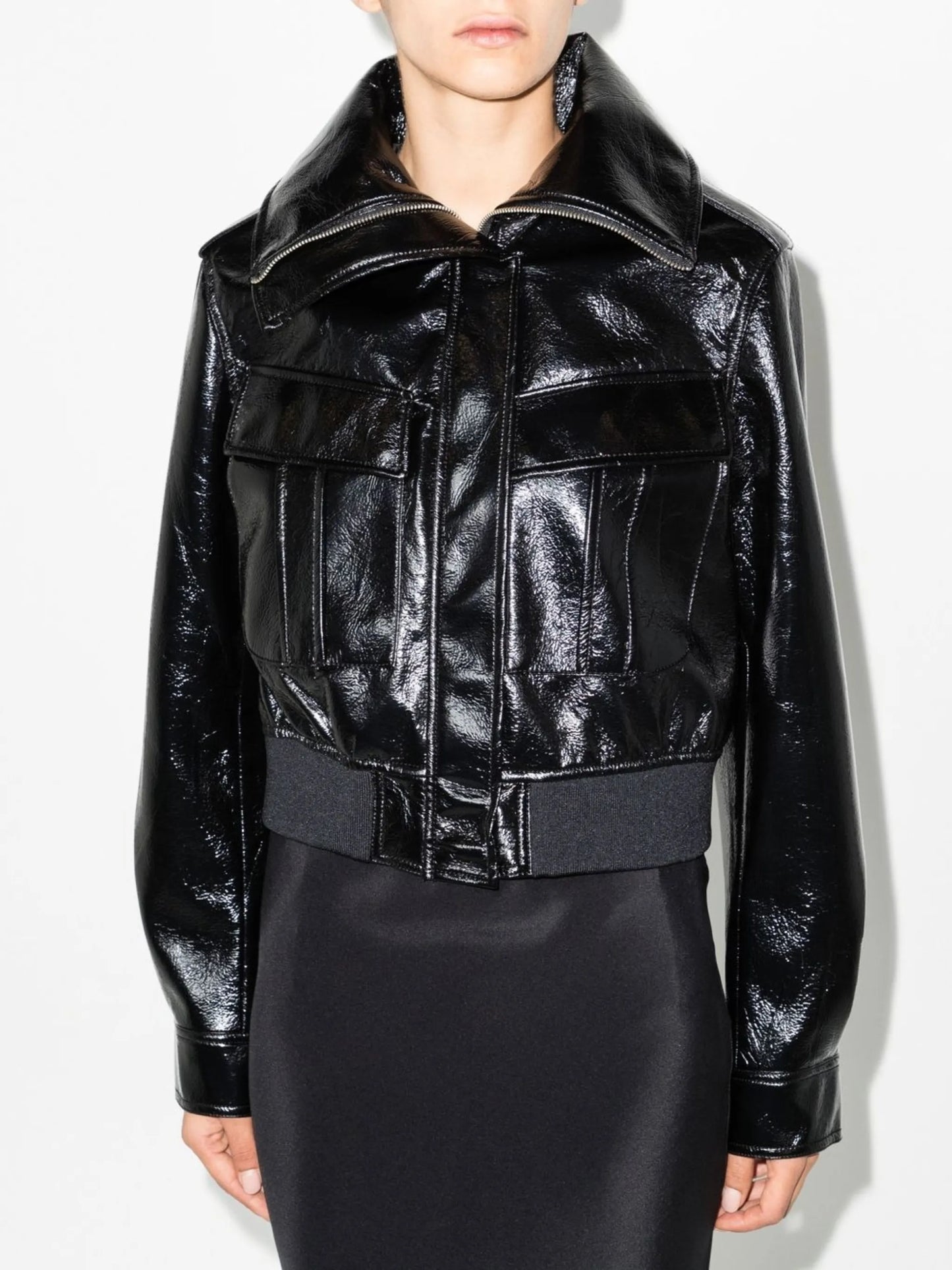 glossed faux-leather bomber jacket