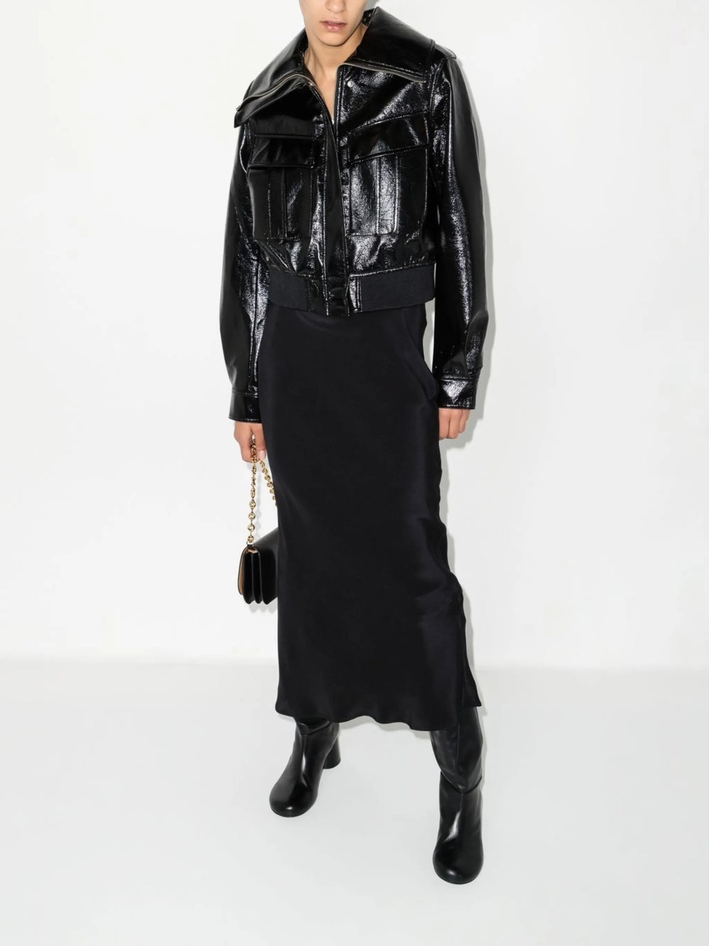 glossed faux-leather bomber jacket