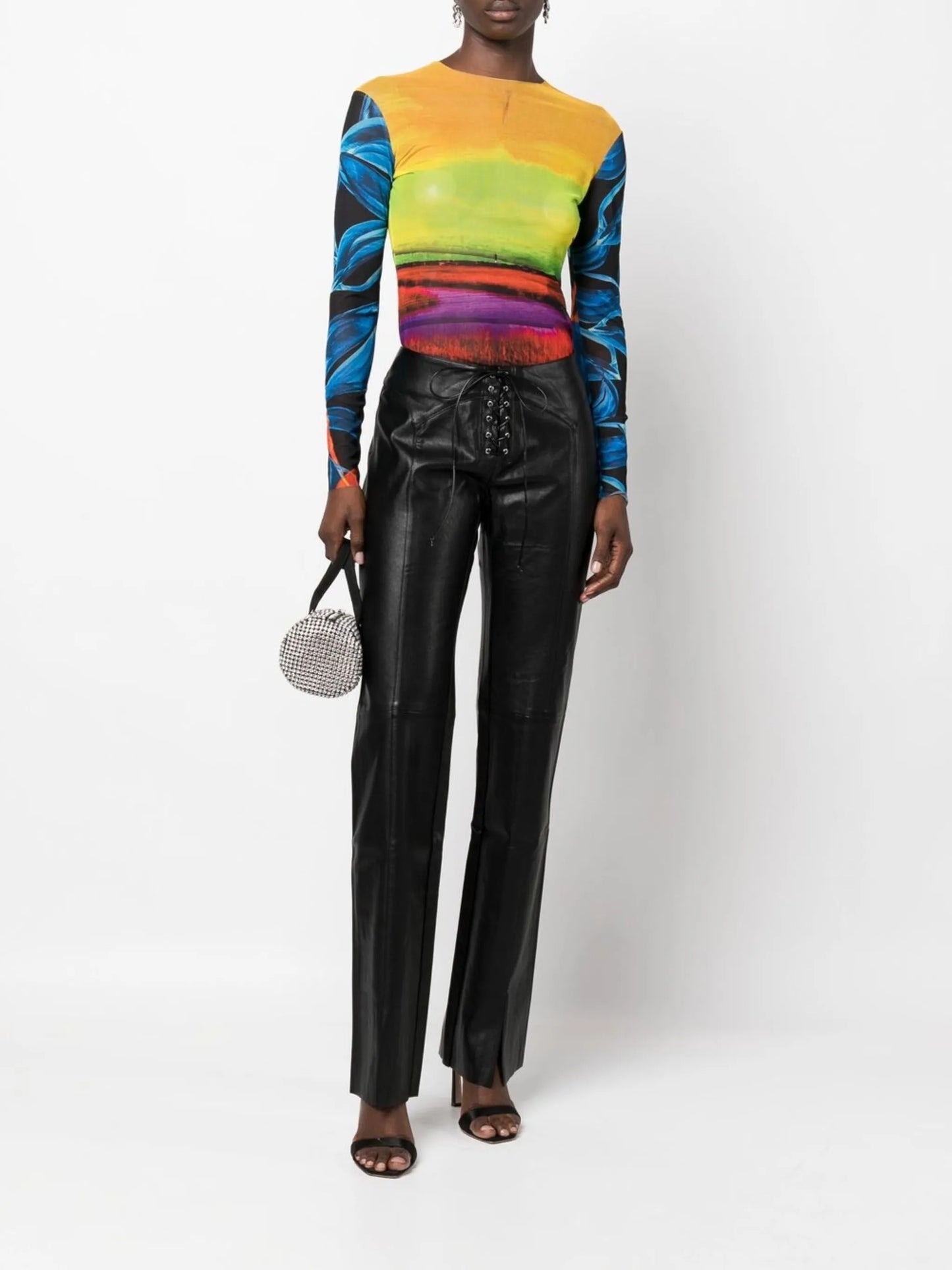 lace-fastened faux-leather trousers