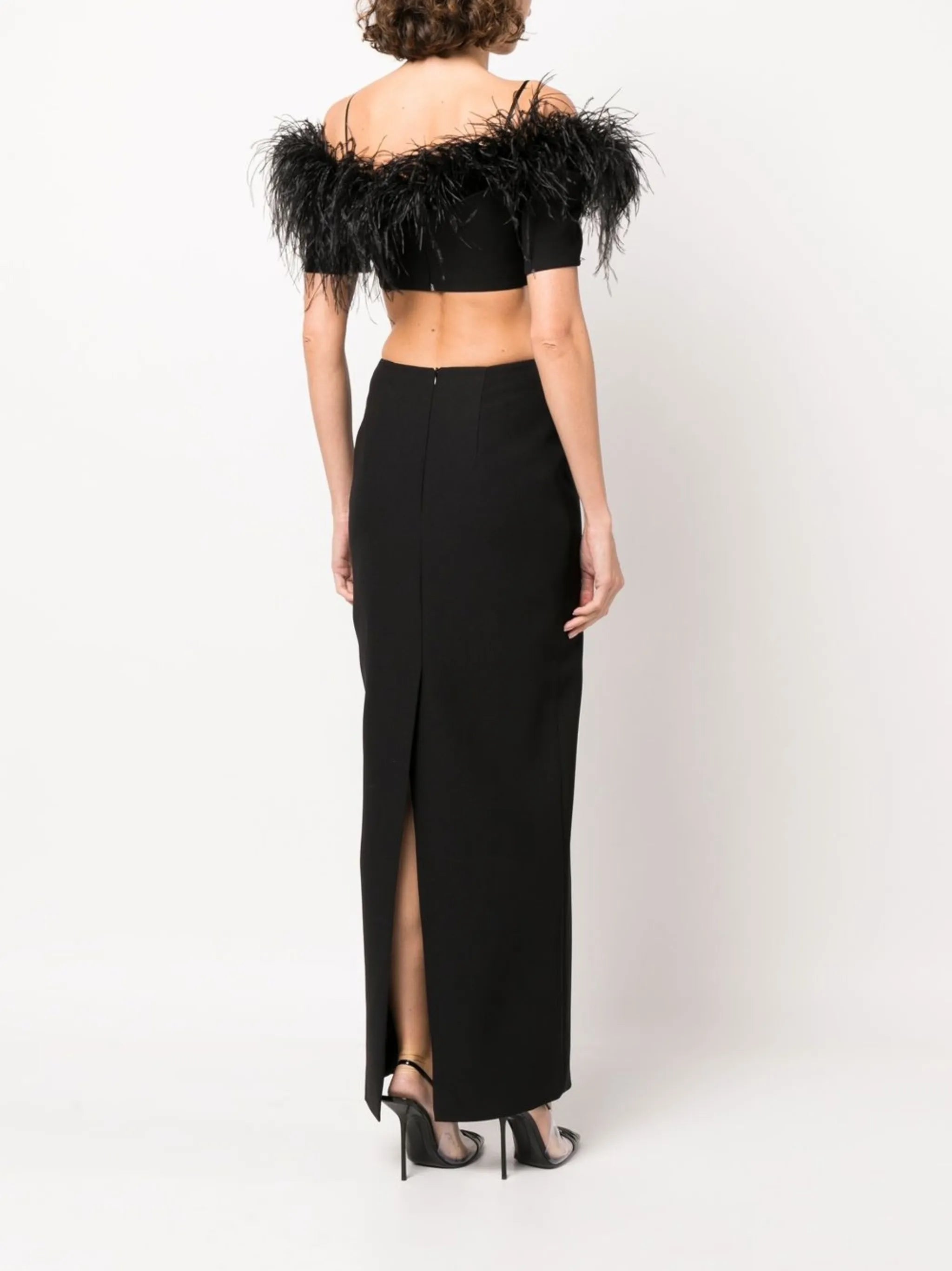 feather-trim off-shoulder dress
