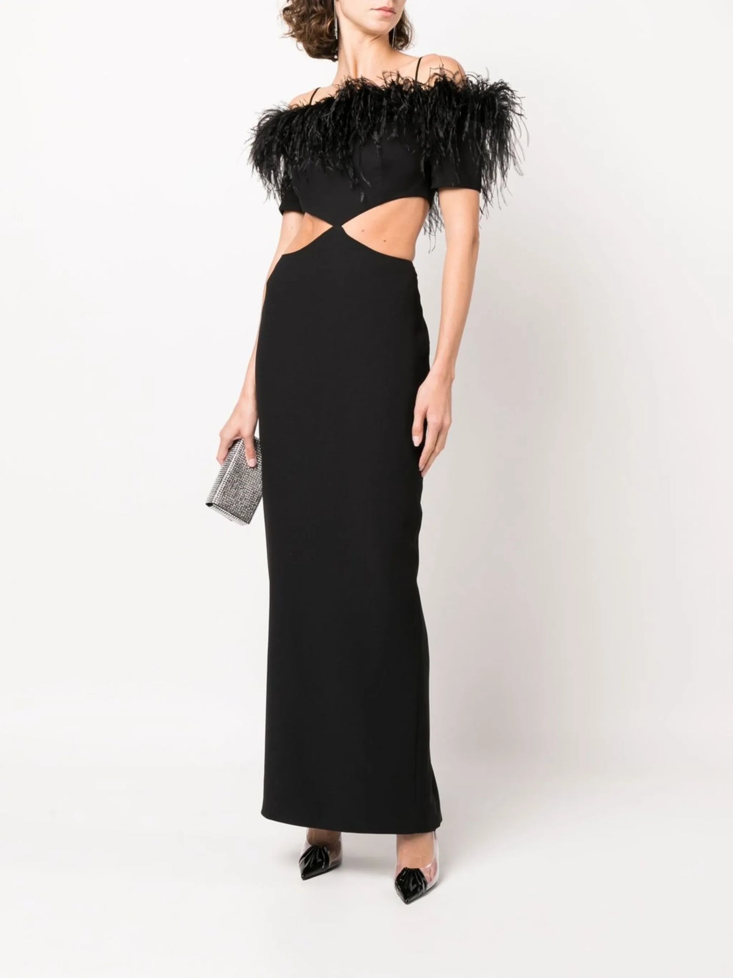 feather-trim off-shoulder dress