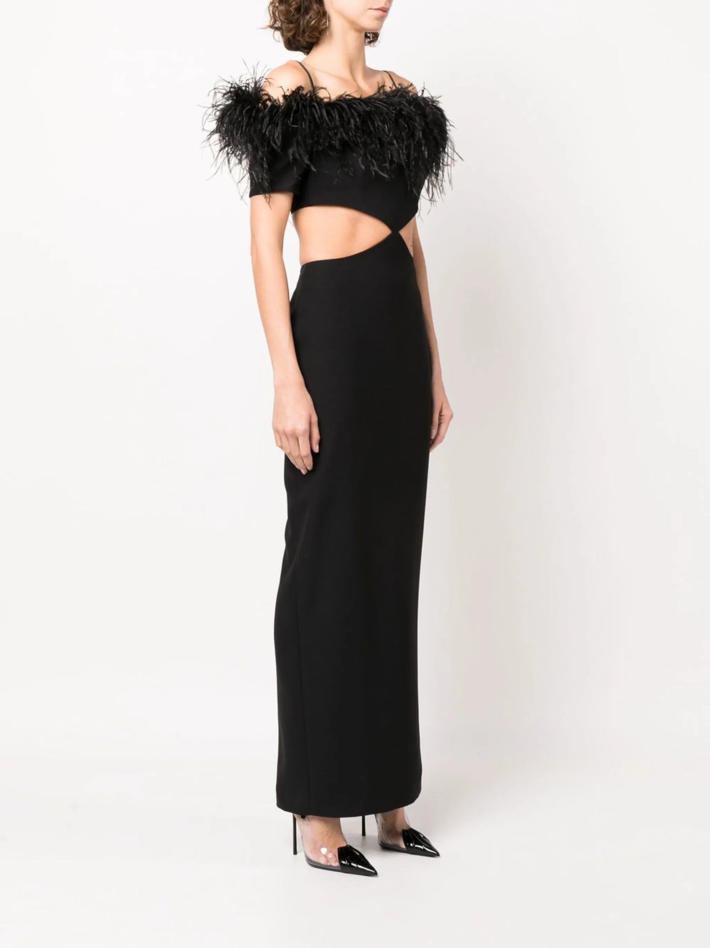 feather-trim off-shoulder dress