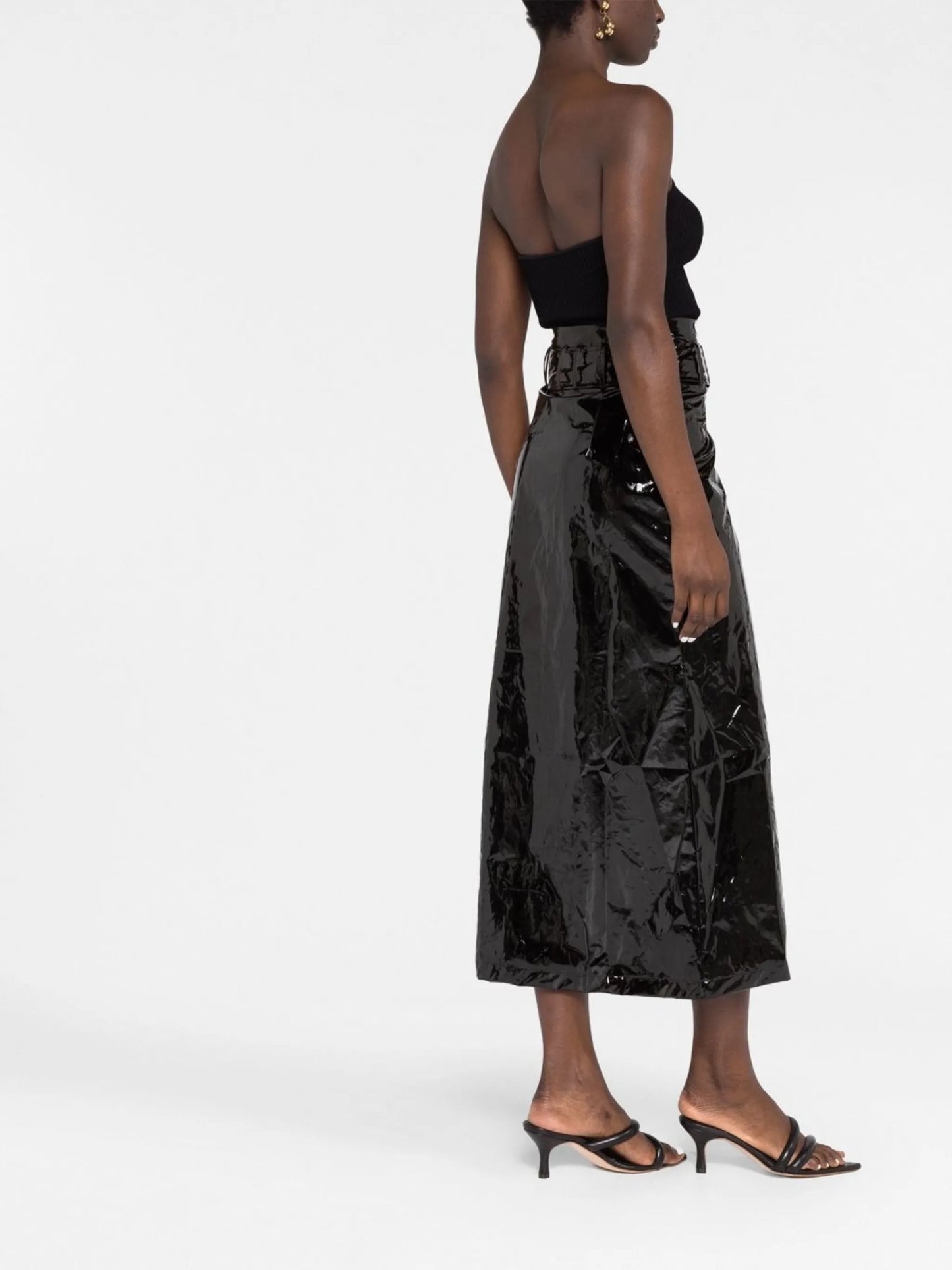 shiny vinyl midi skirt