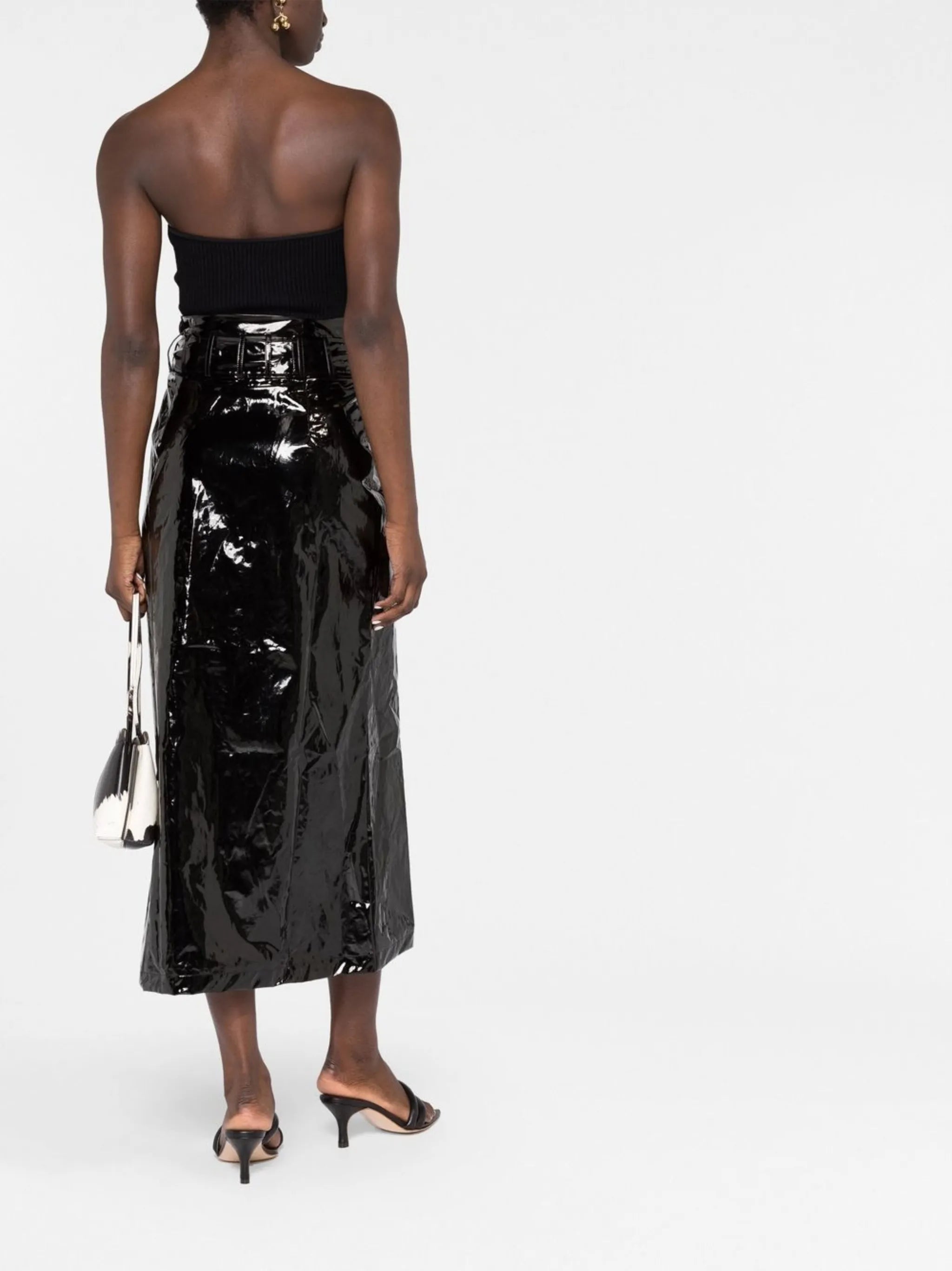 shiny vinyl midi skirt