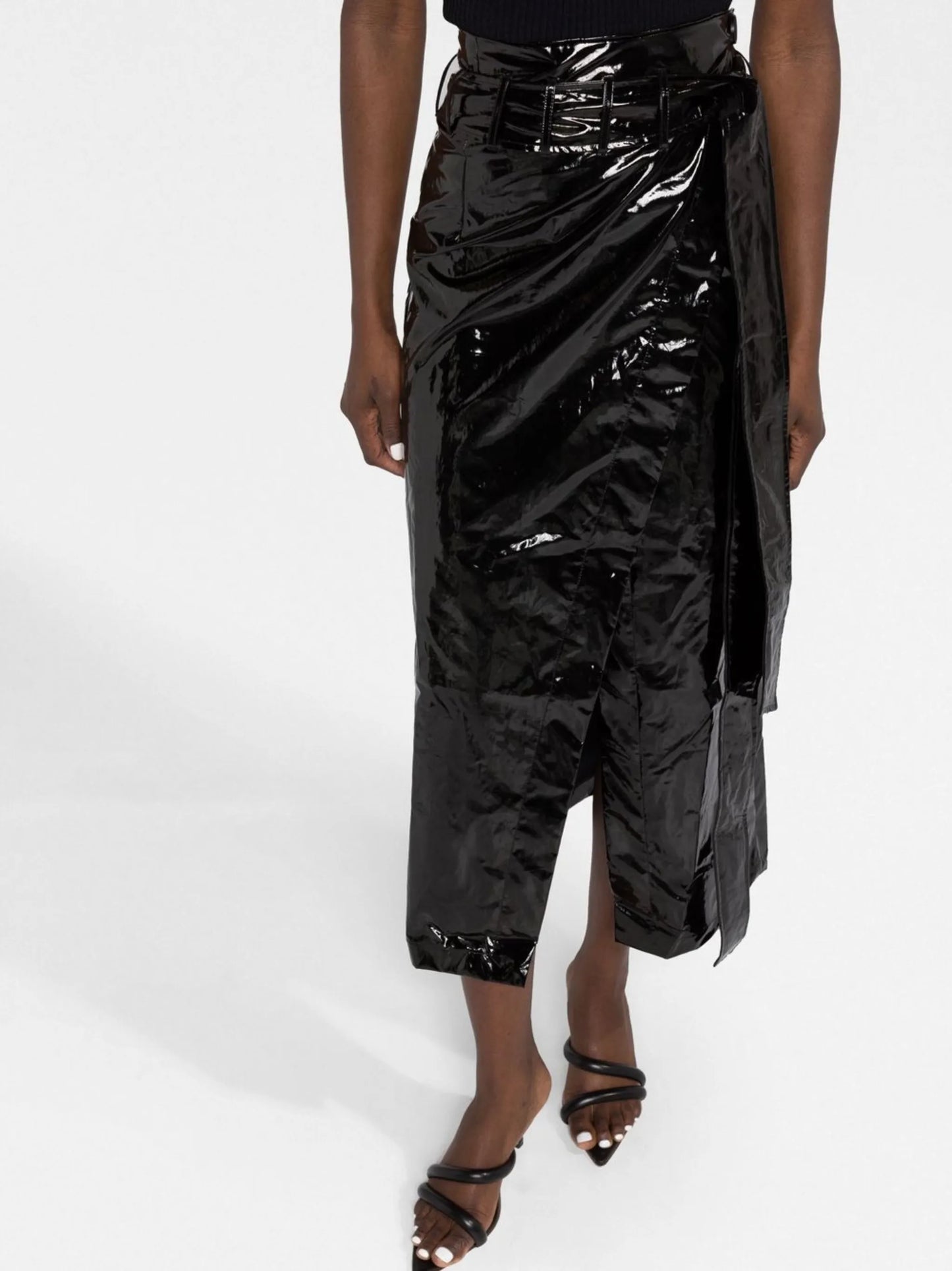 shiny vinyl midi skirt
