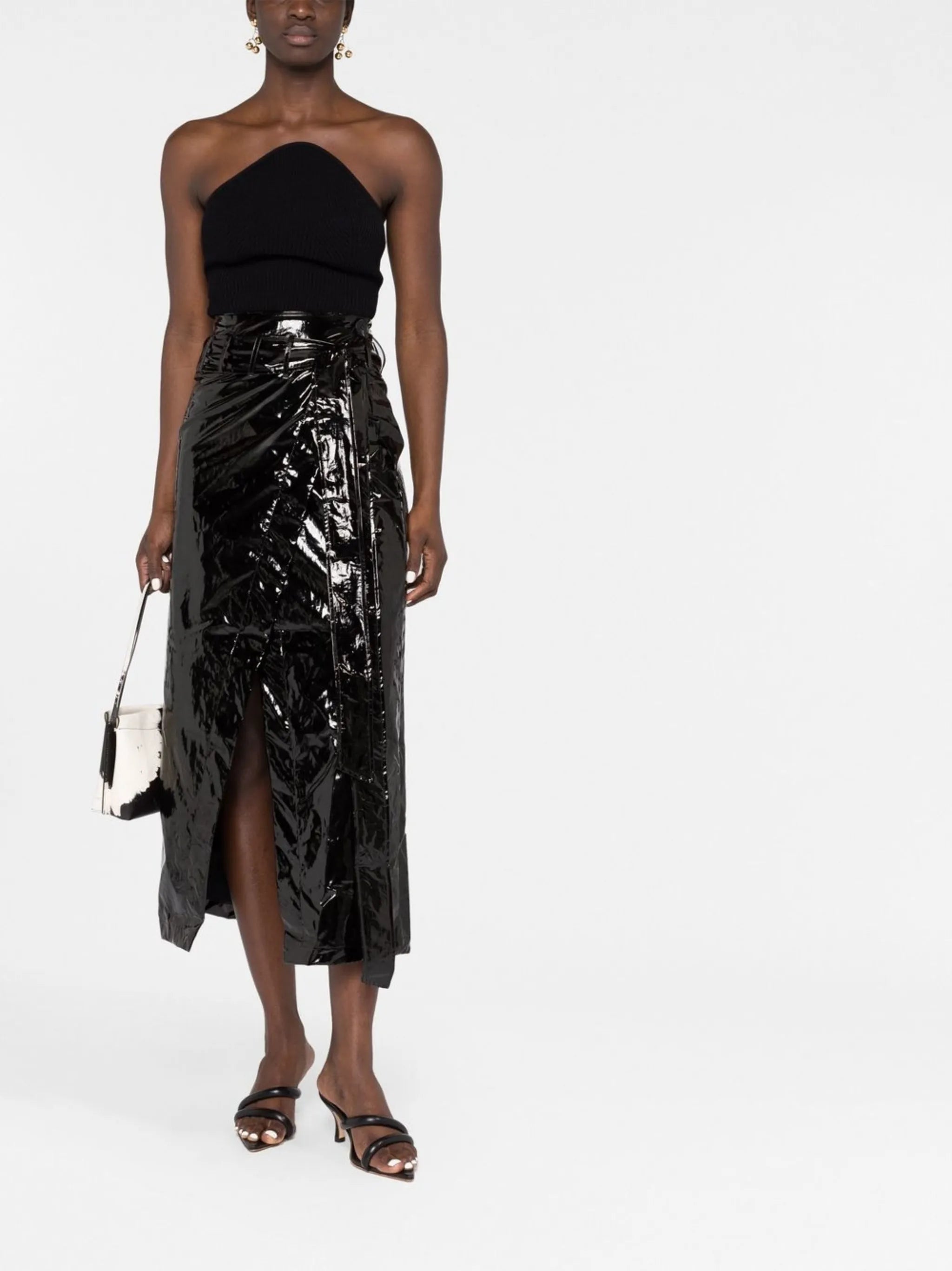 shiny vinyl midi skirt