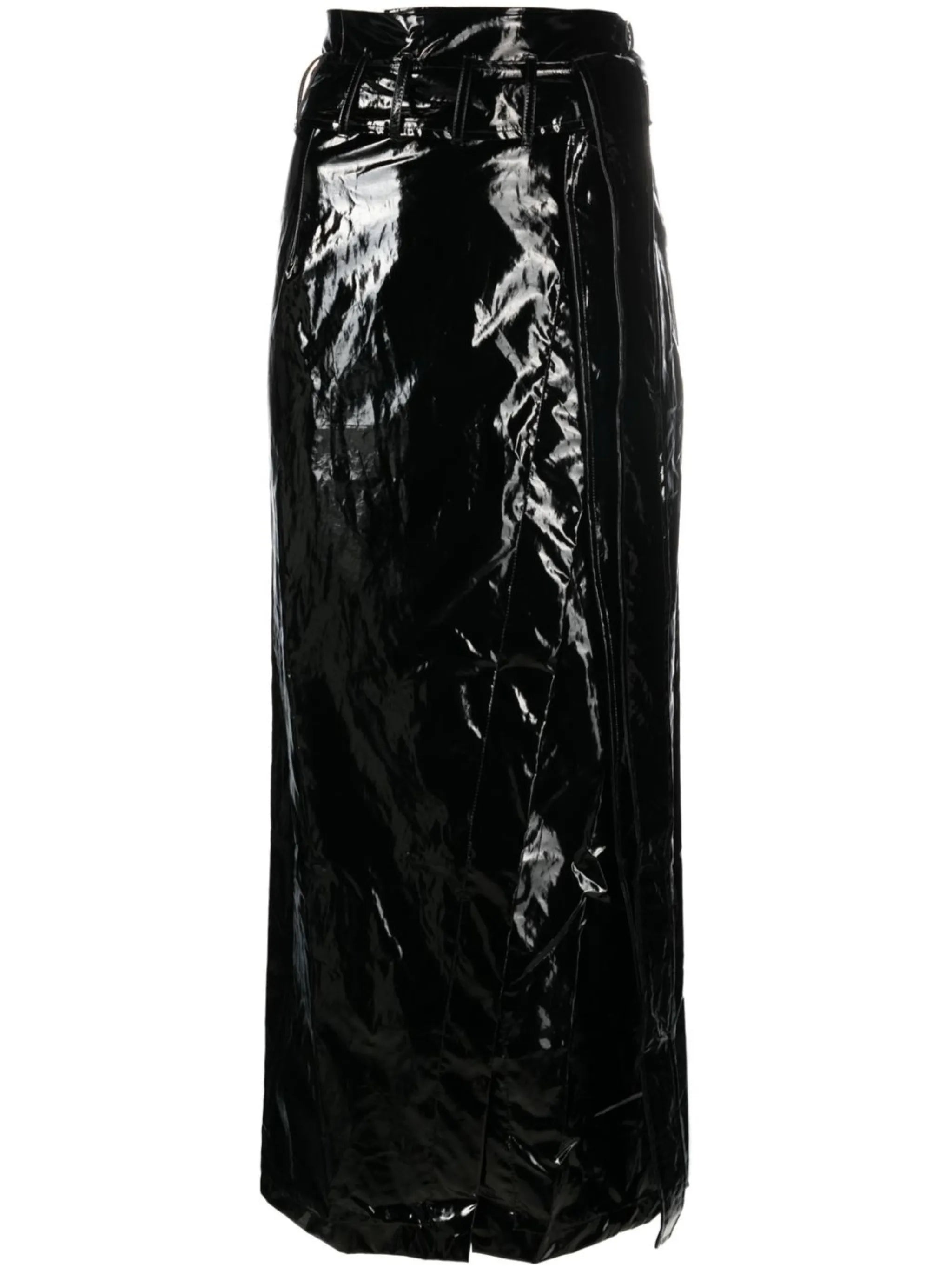 shiny vinyl midi skirt