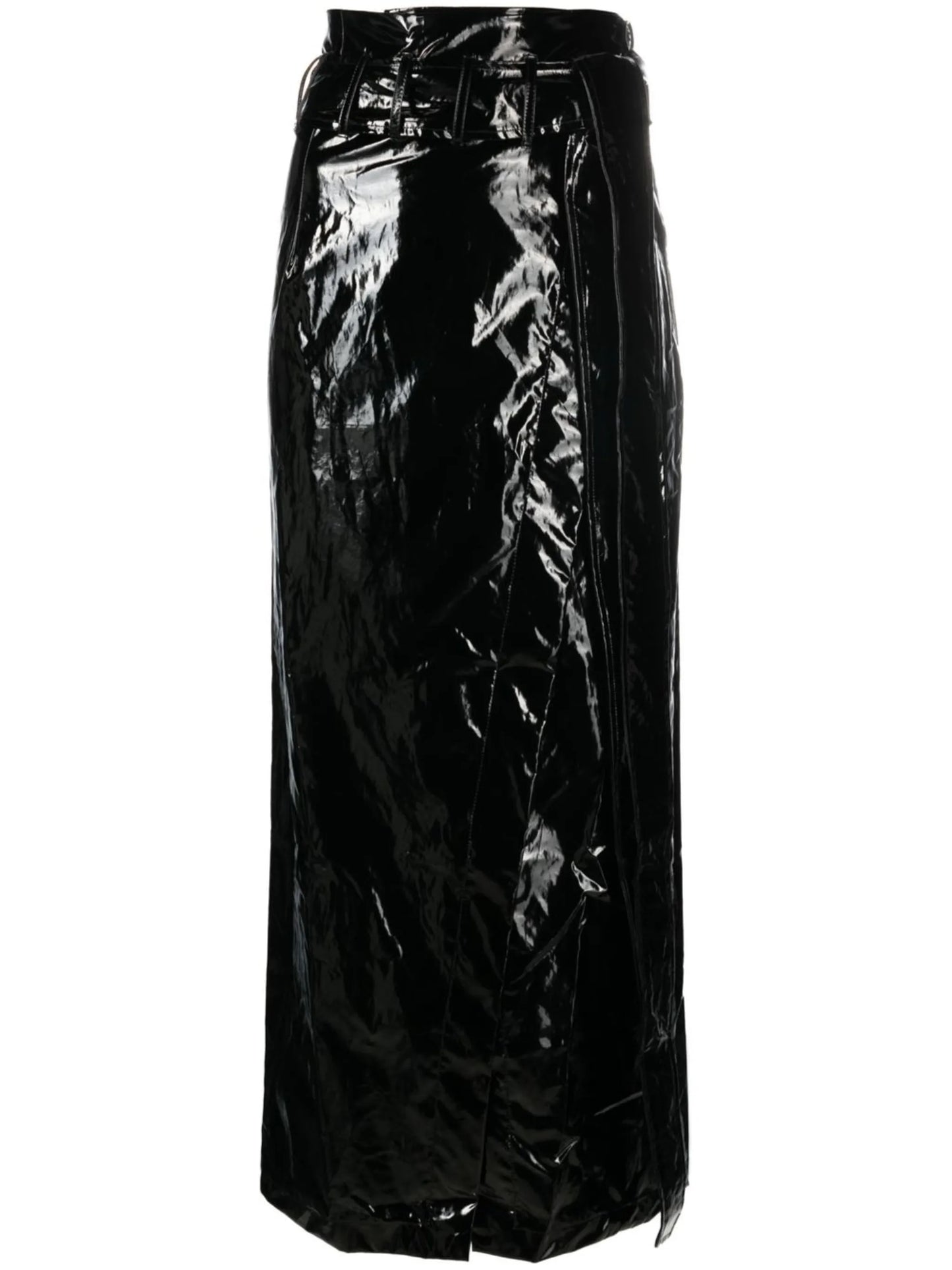 shiny vinyl midi skirt
