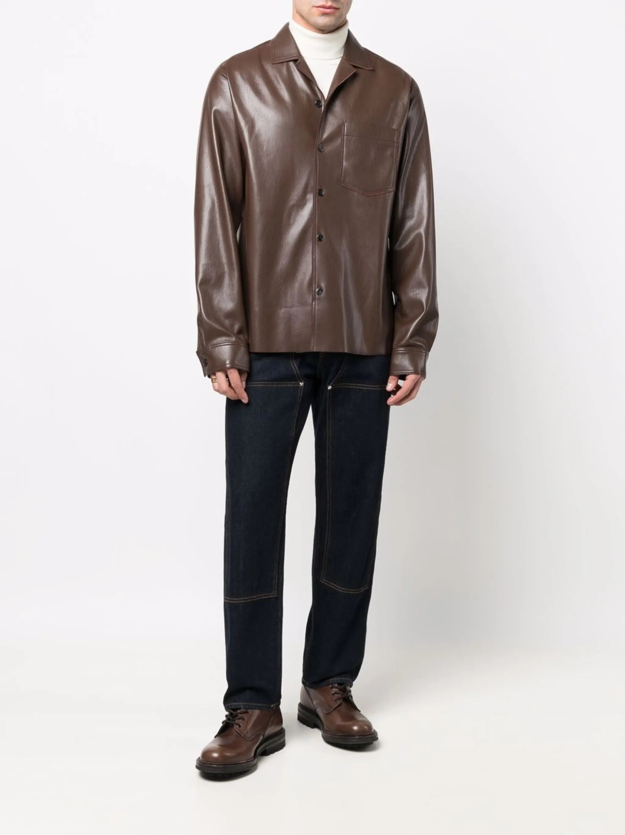 notched-lapels faux-leather shirt