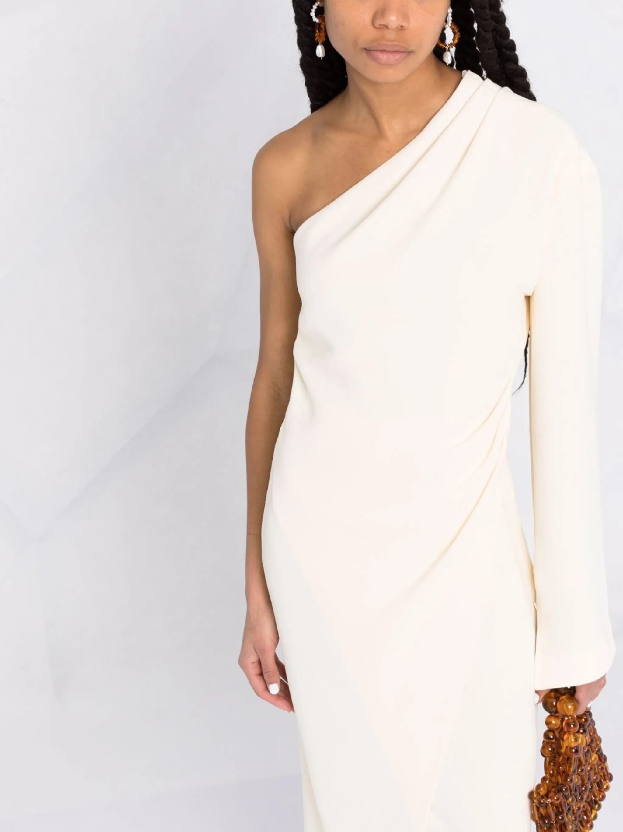 one-shoulder midi wrap dress