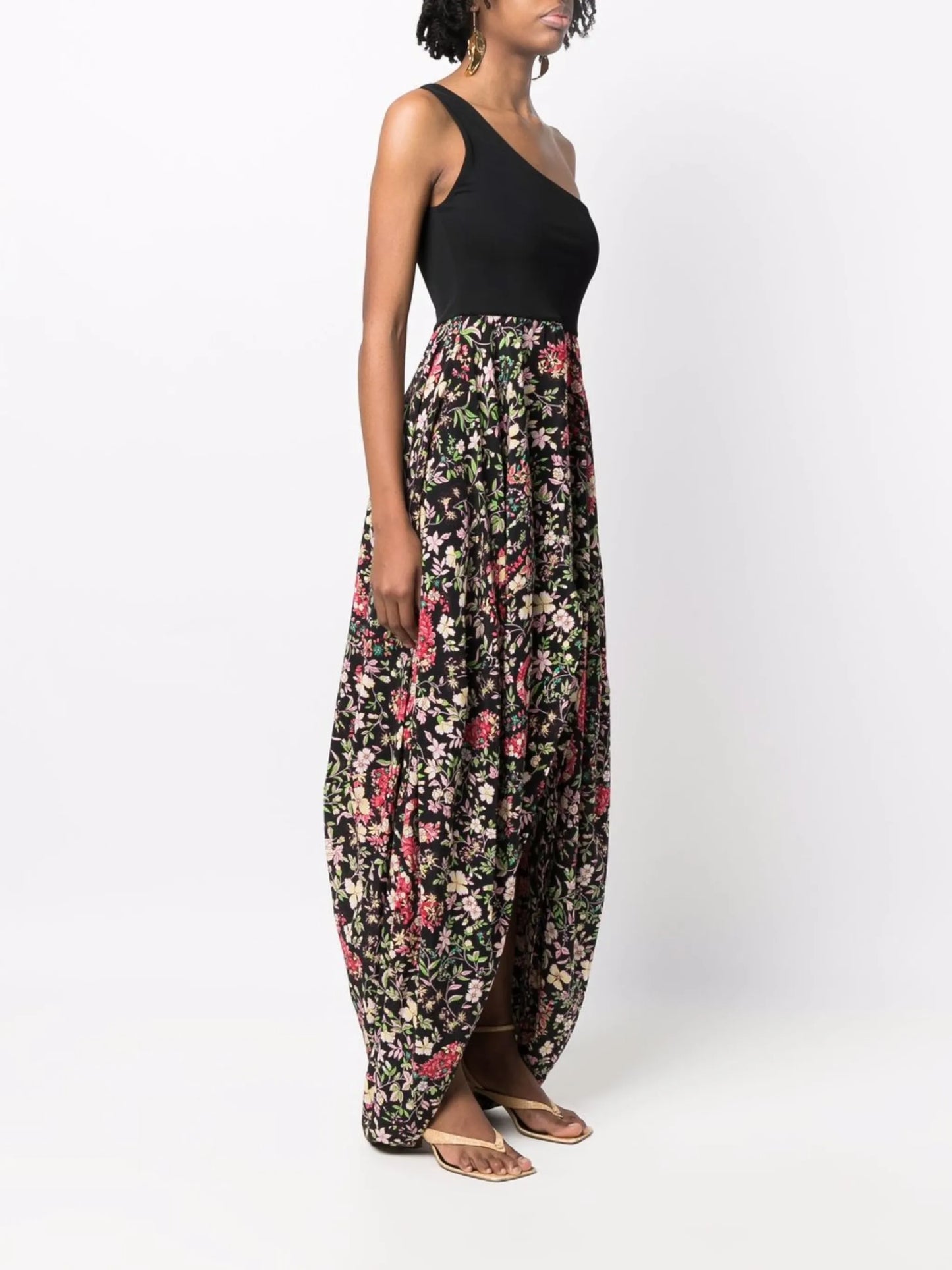 one-shoulder floral-print midi dress