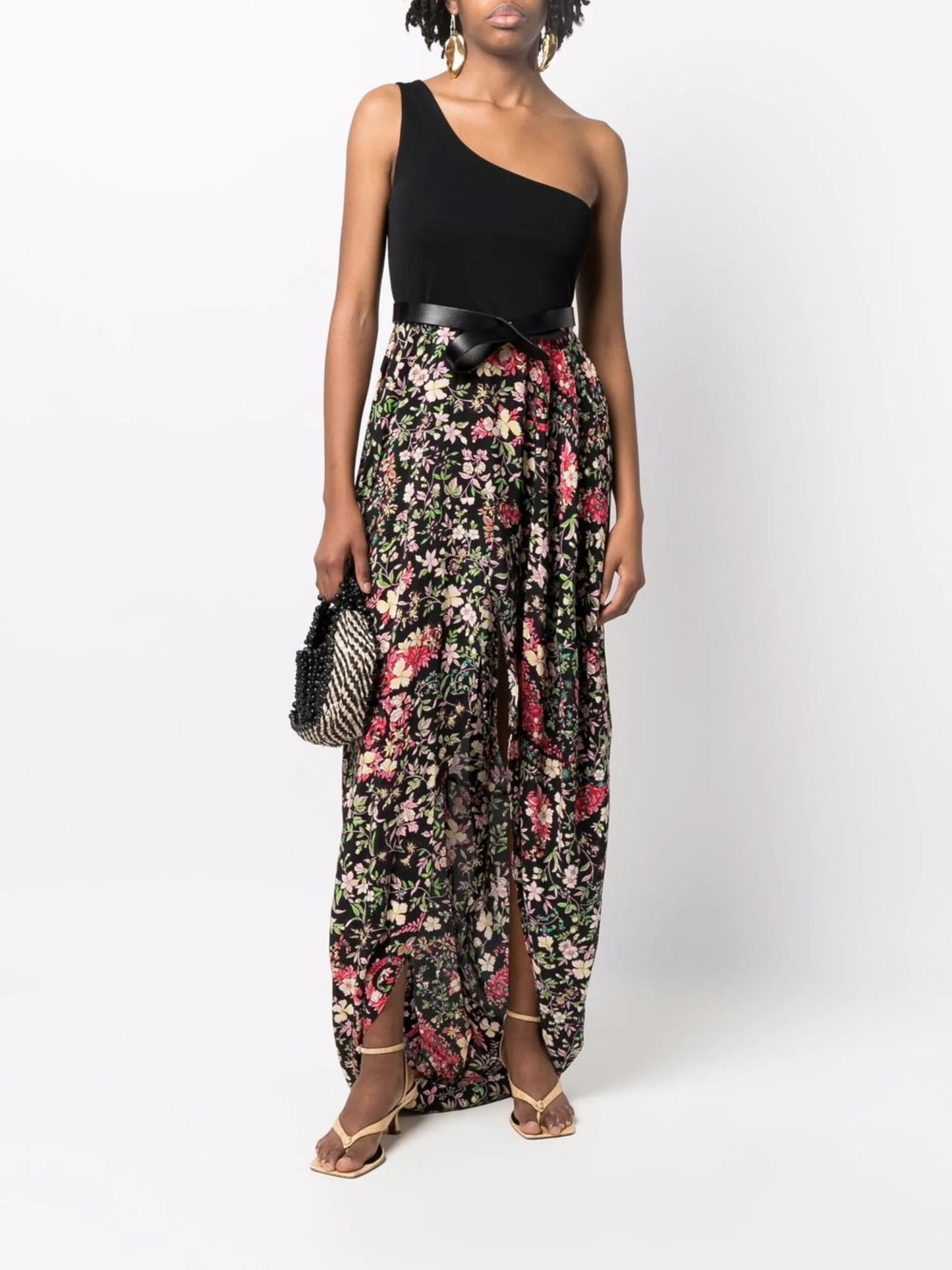 one-shoulder floral-print midi dress