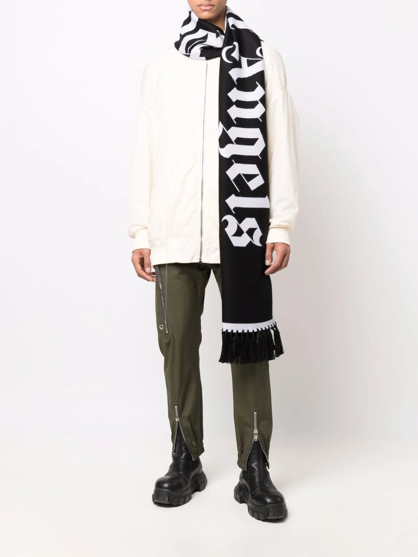 fringed logo-knit scarf
