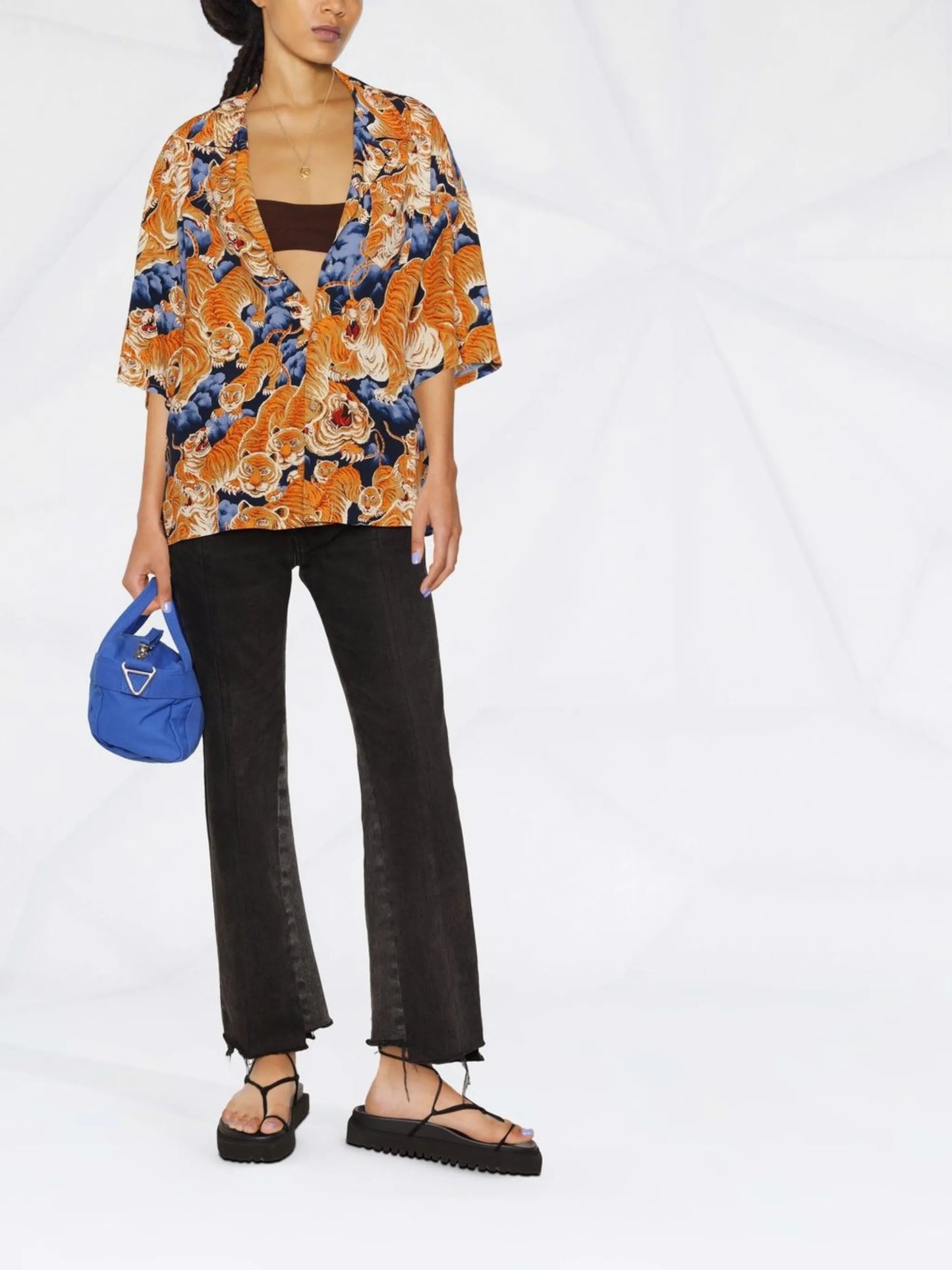 tiger-print short-sleeved shirt