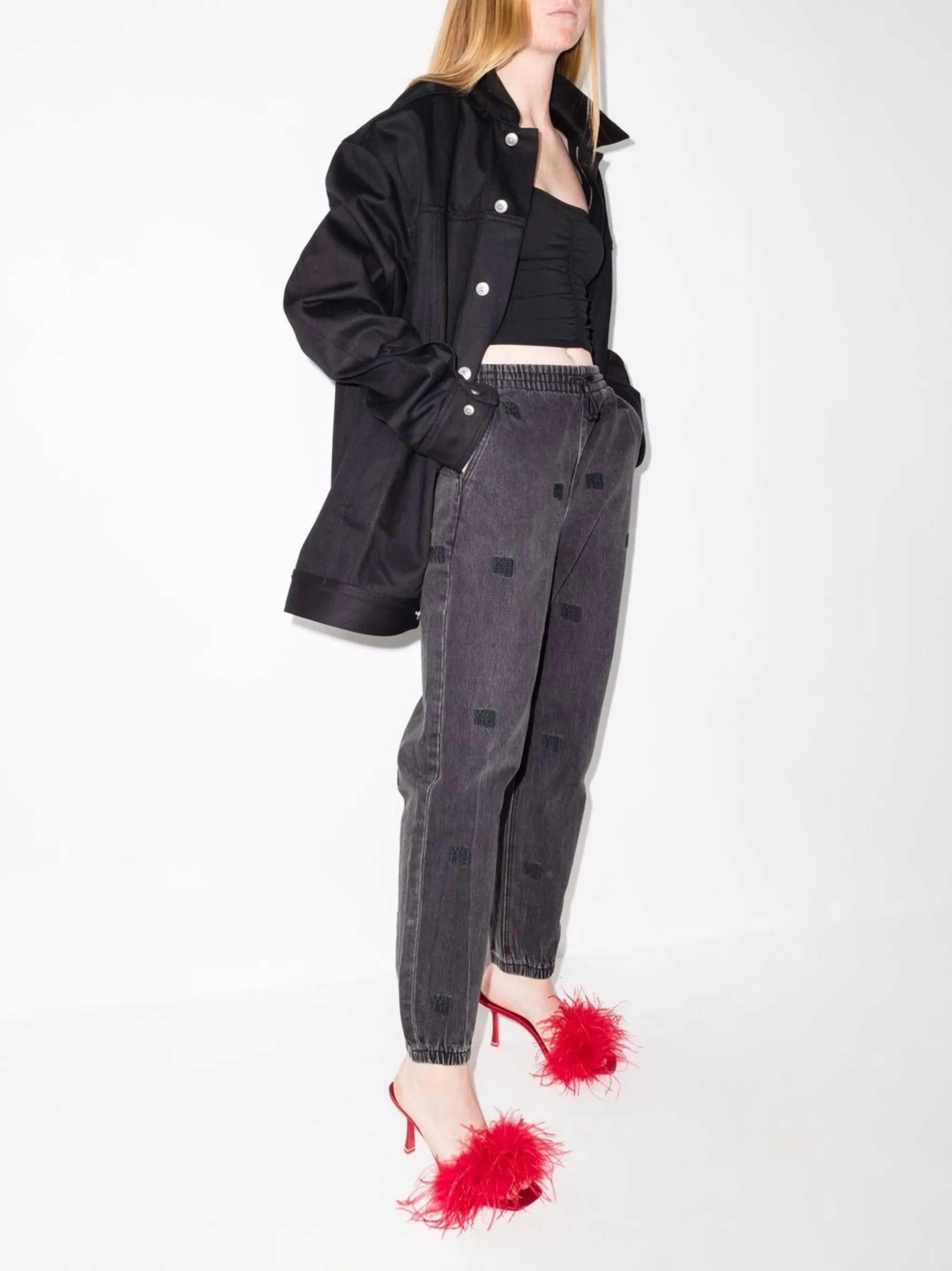 embroidered-monogram denim track pants