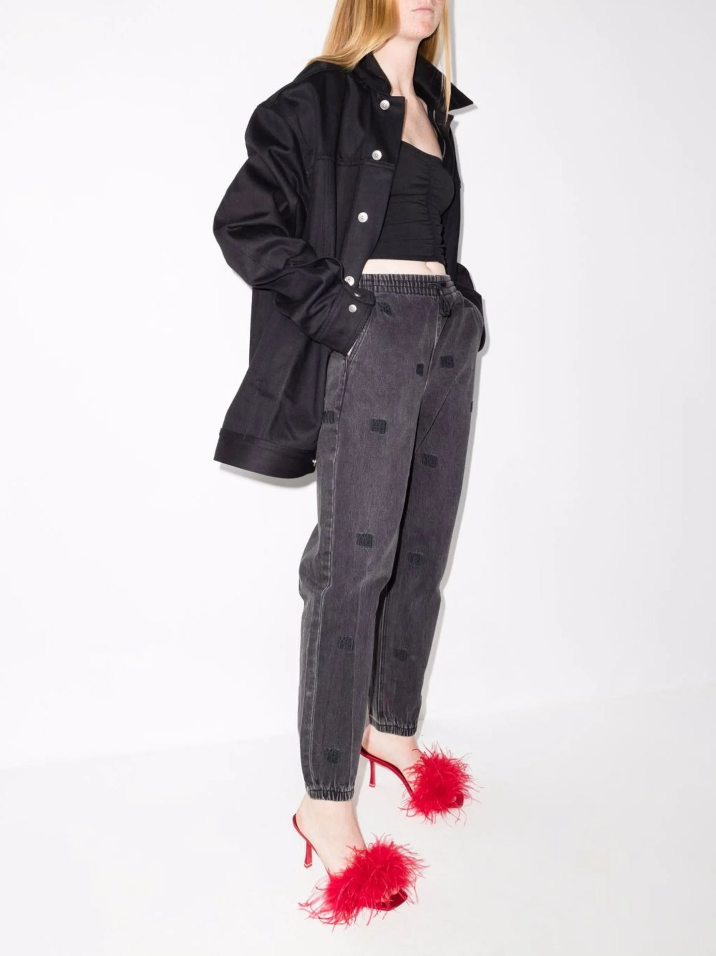 embroidered-monogram denim track pants