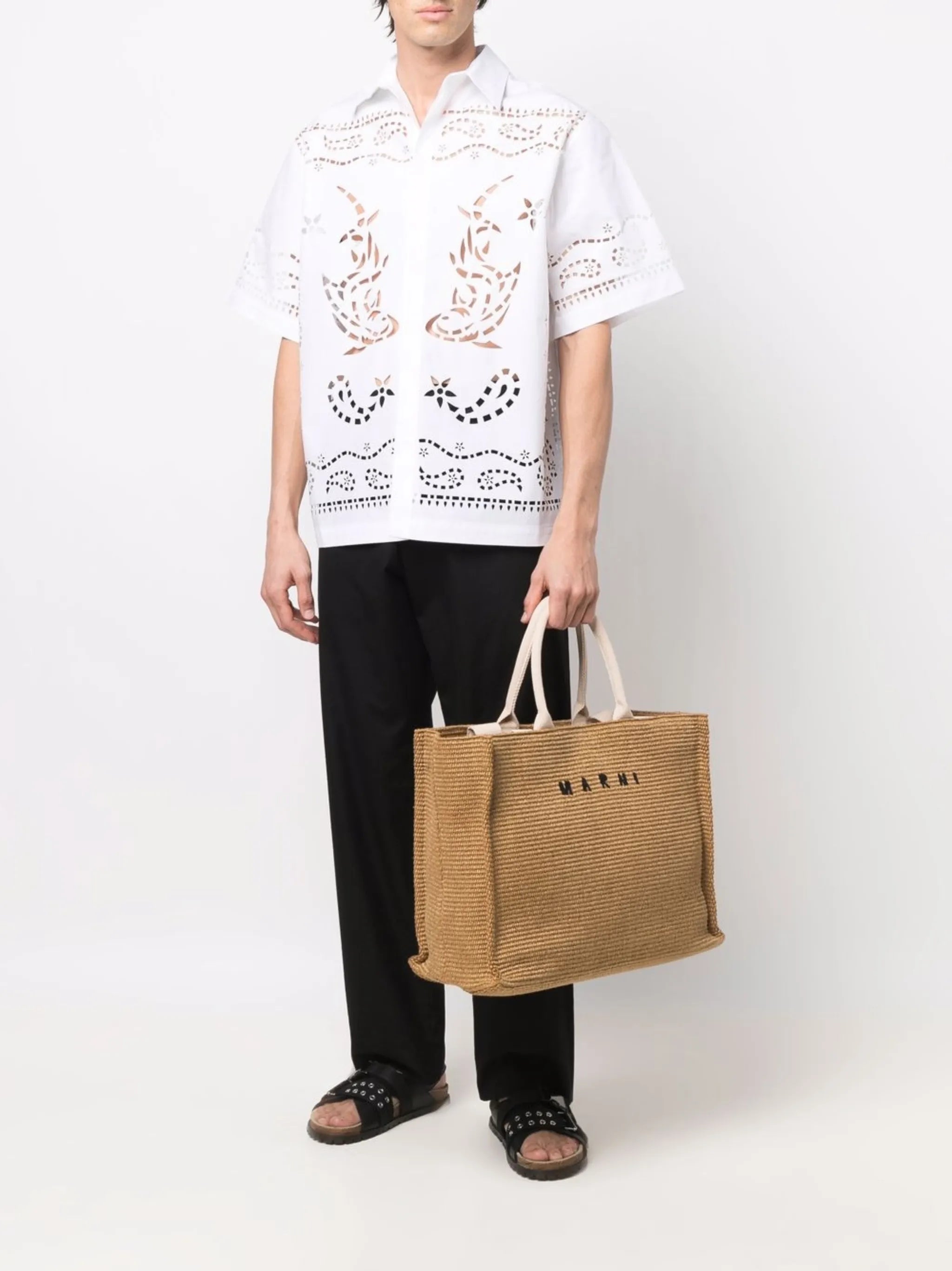 logo-embroidered raffia tote bag