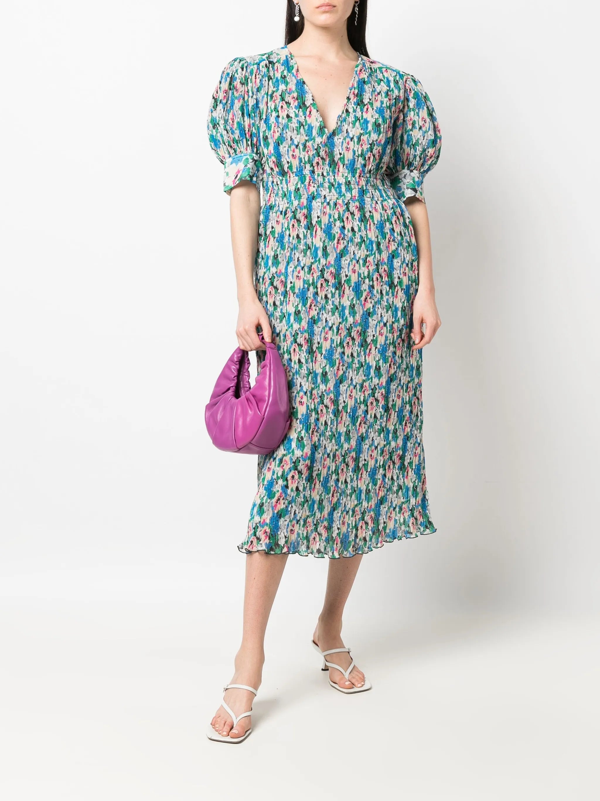 floral-print pleated georgette midi dress