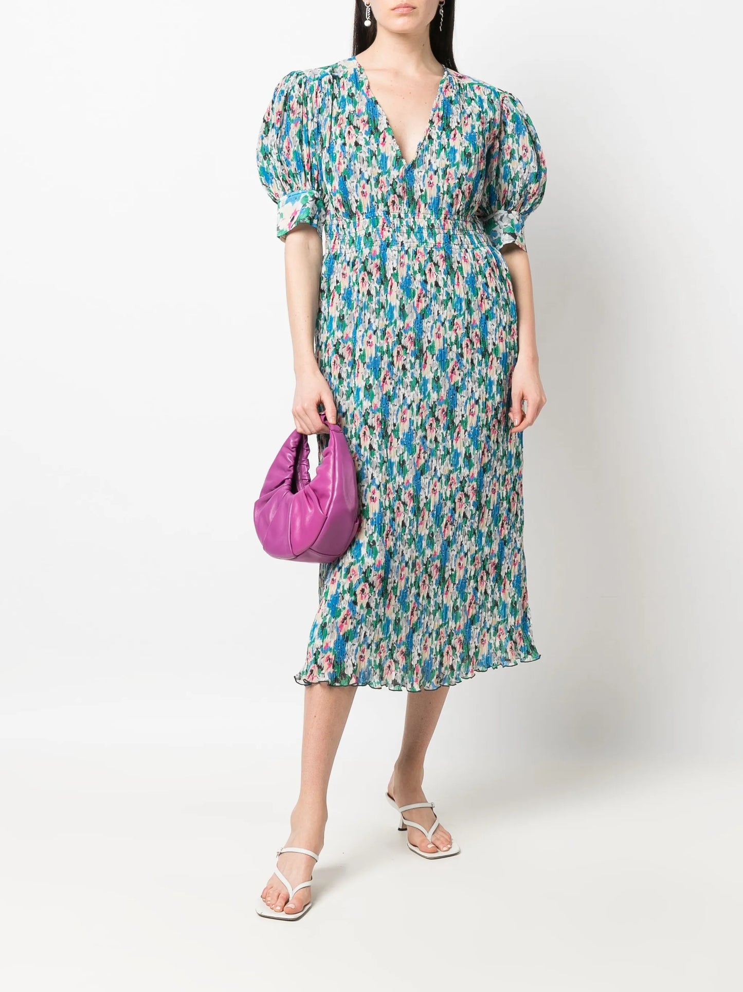 floral-print pleated georgette midi dress