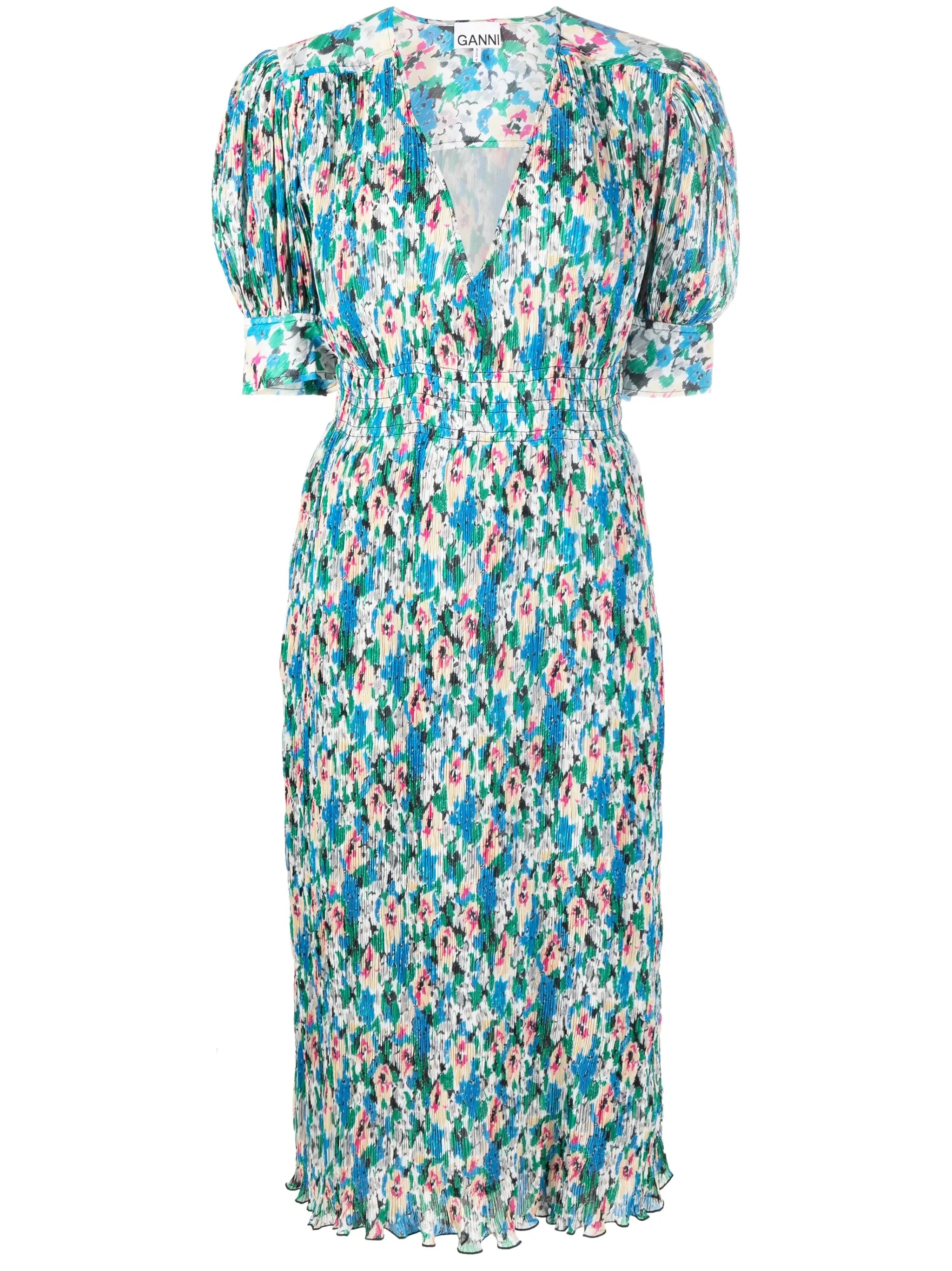 floral-print pleated georgette midi dress