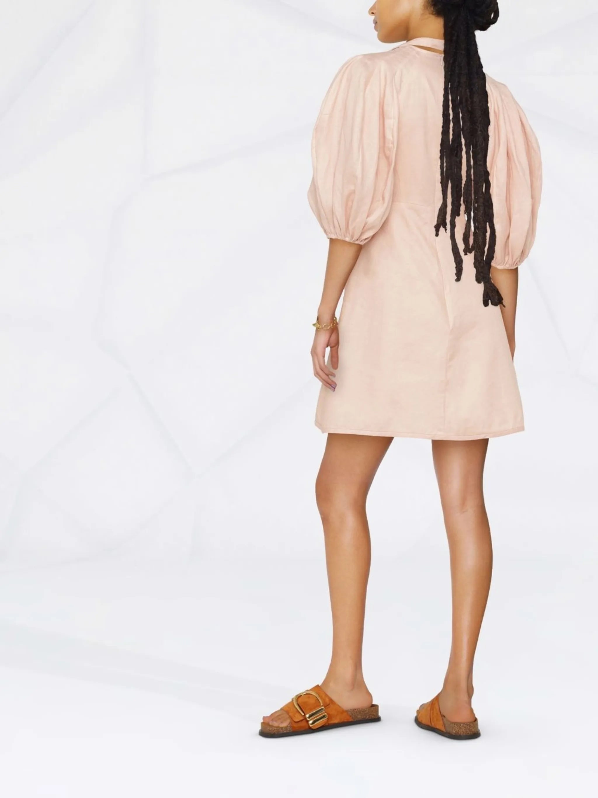 puff-sleeve linen mini dress
