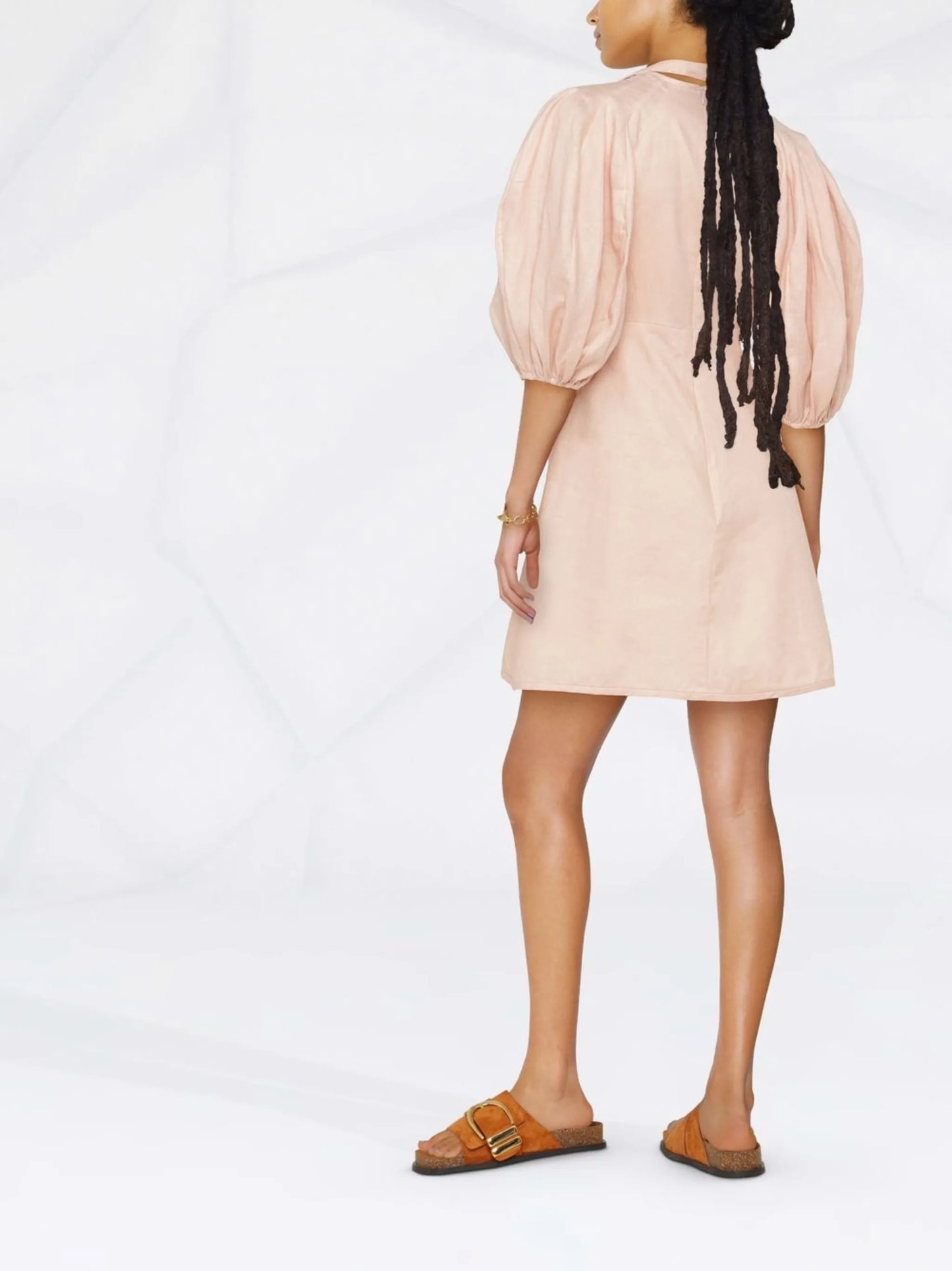 puff-sleeve linen mini dress