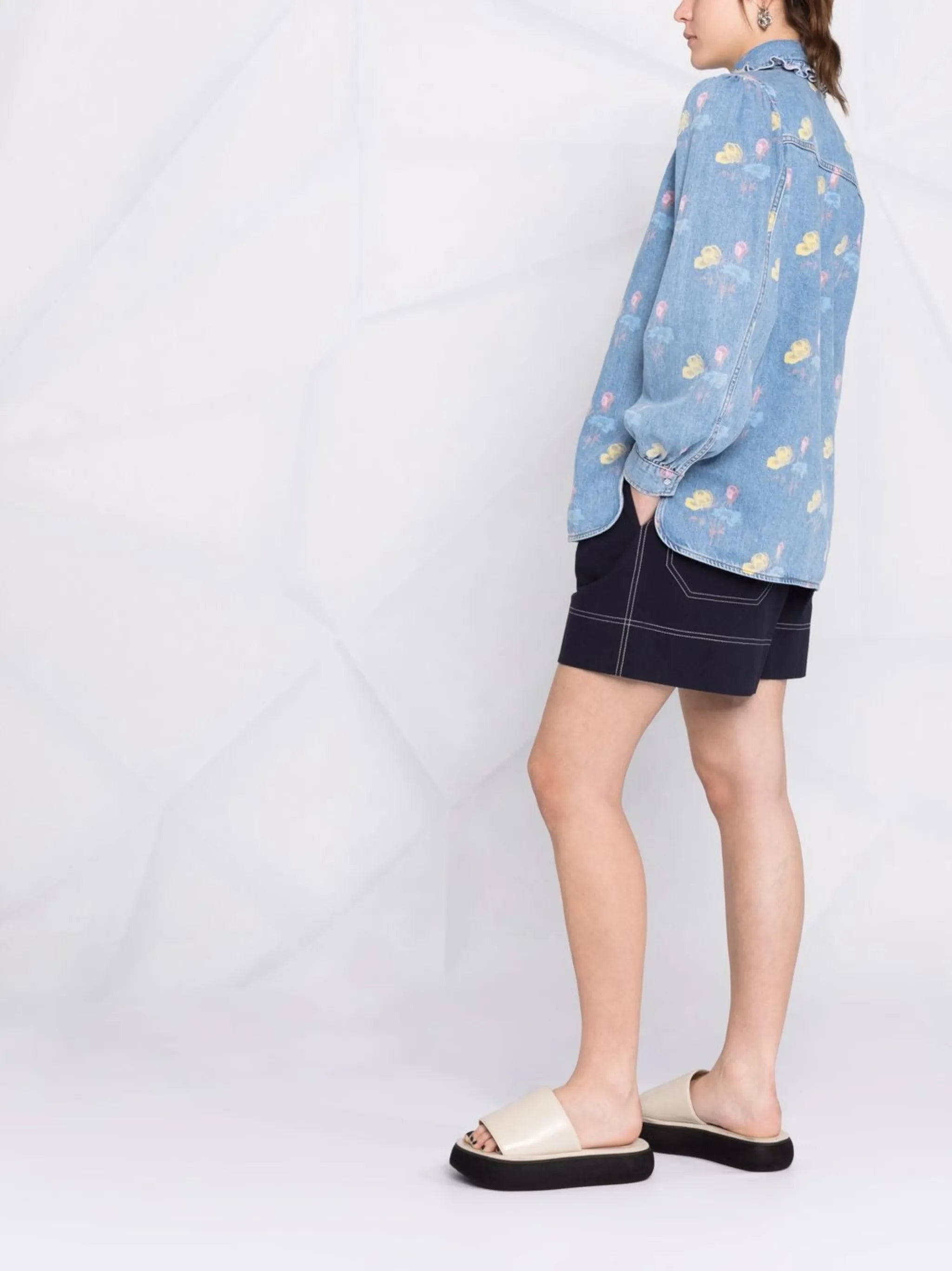 ruffle-collar floral denim shirt