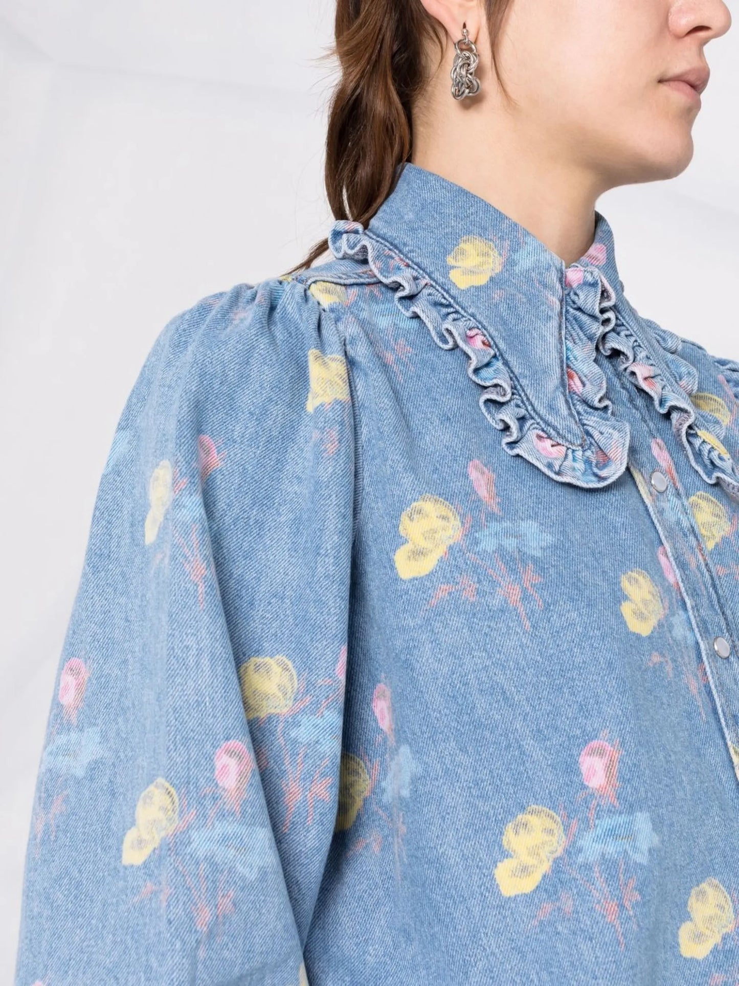 ruffle-collar floral denim shirt