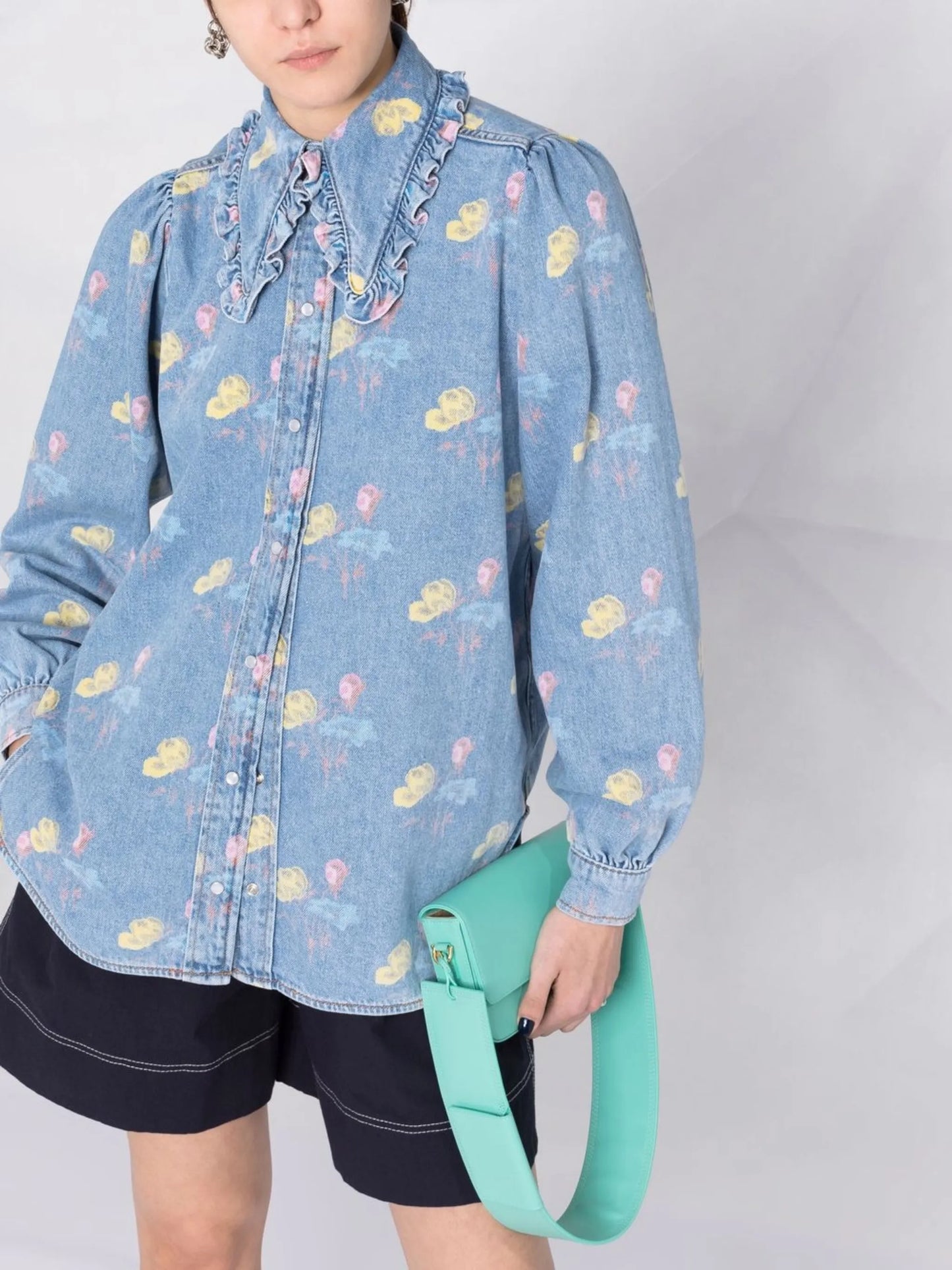 ruffle-collar floral denim shirt