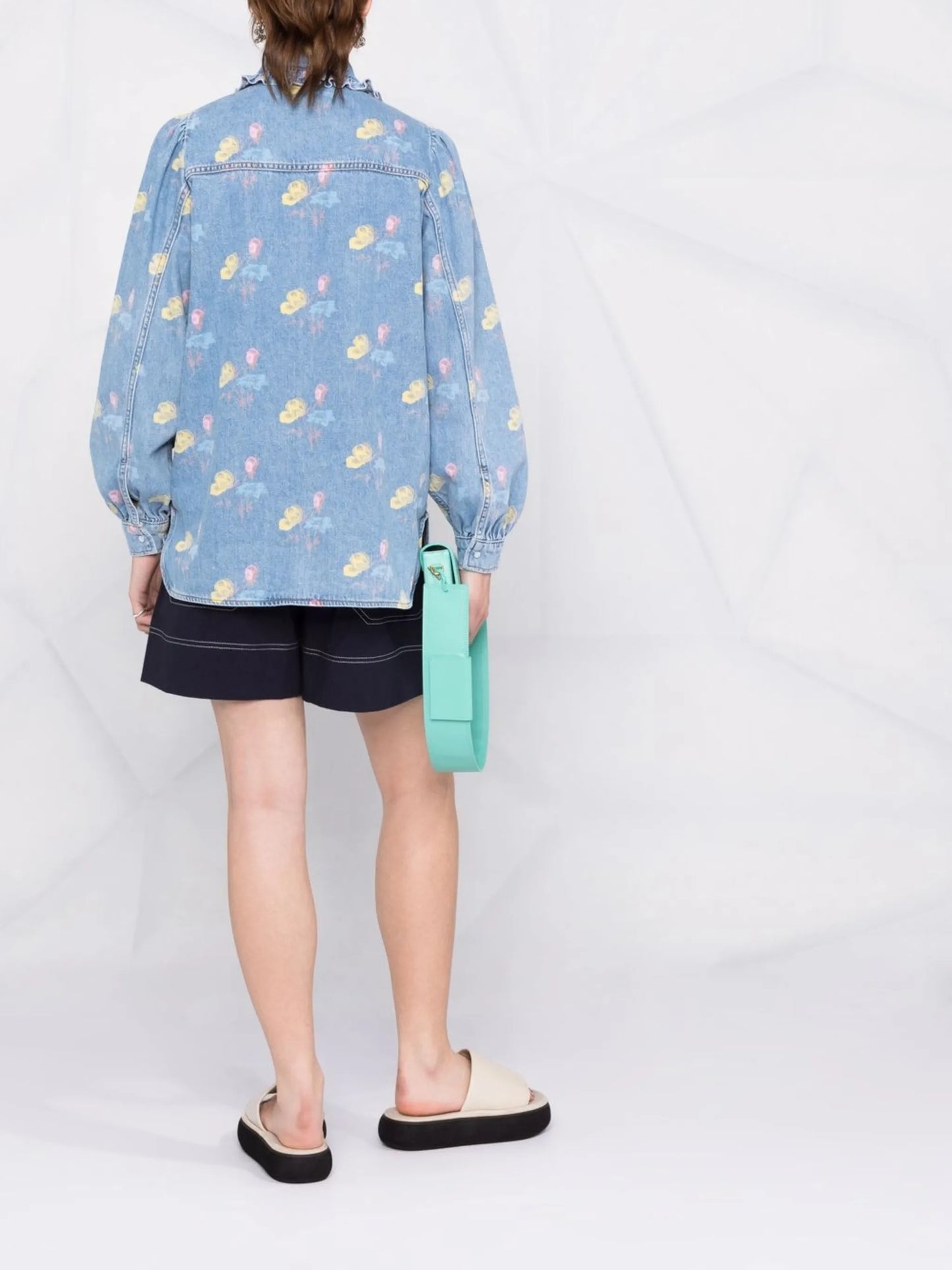 ruffle-collar floral denim shirt