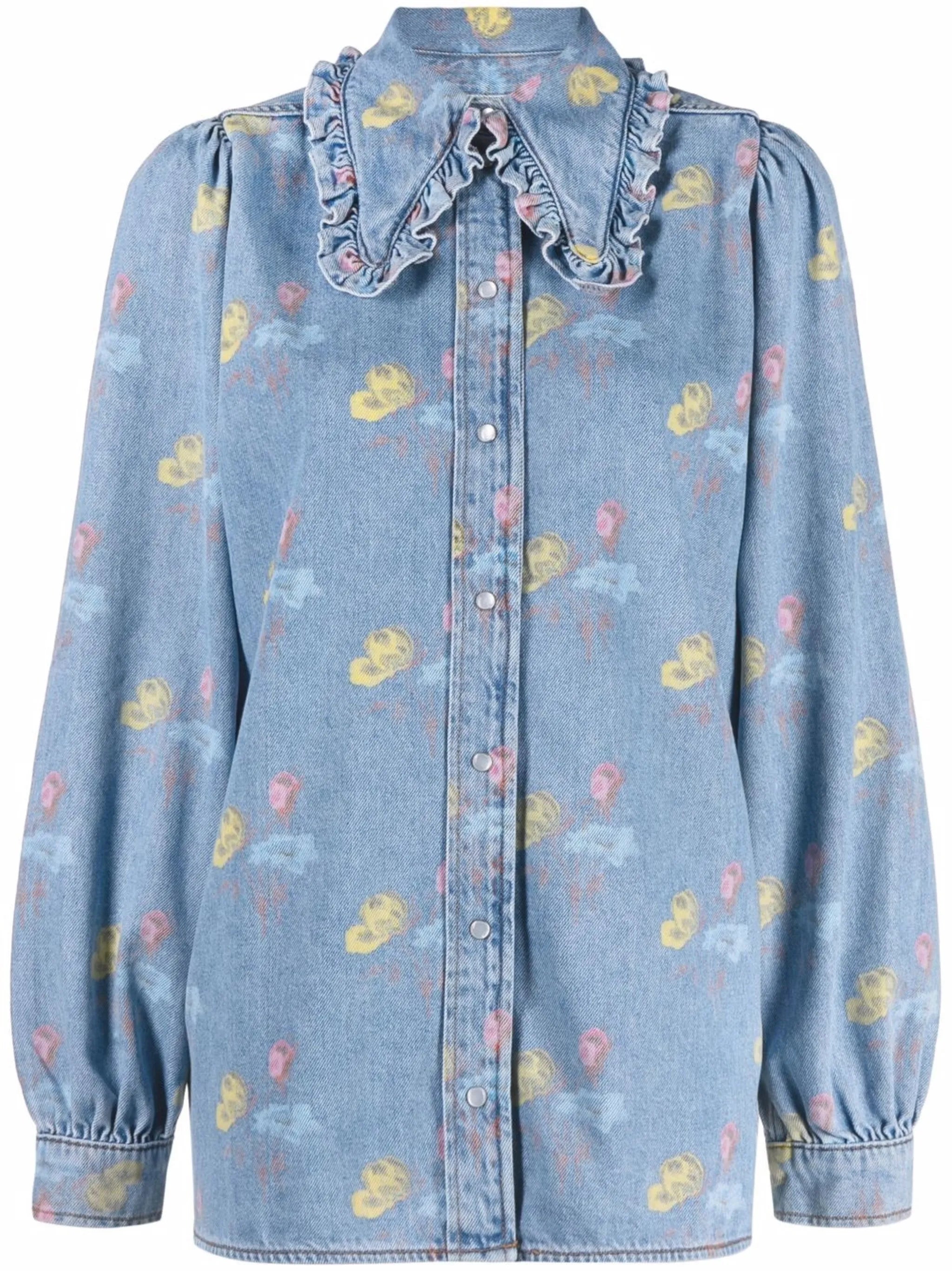 ruffle-collar floral denim shirt