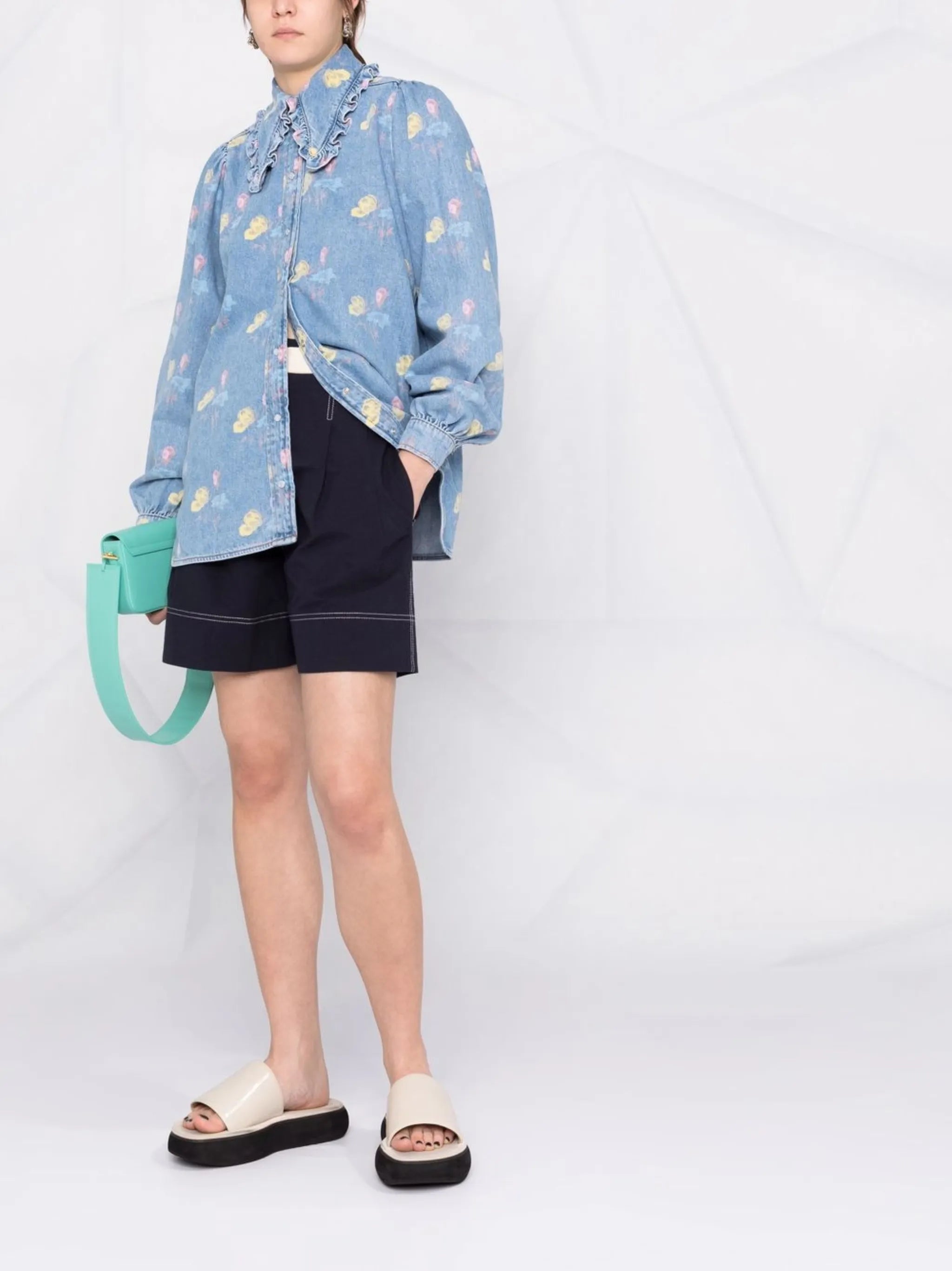 ruffle-collar floral denim shirt