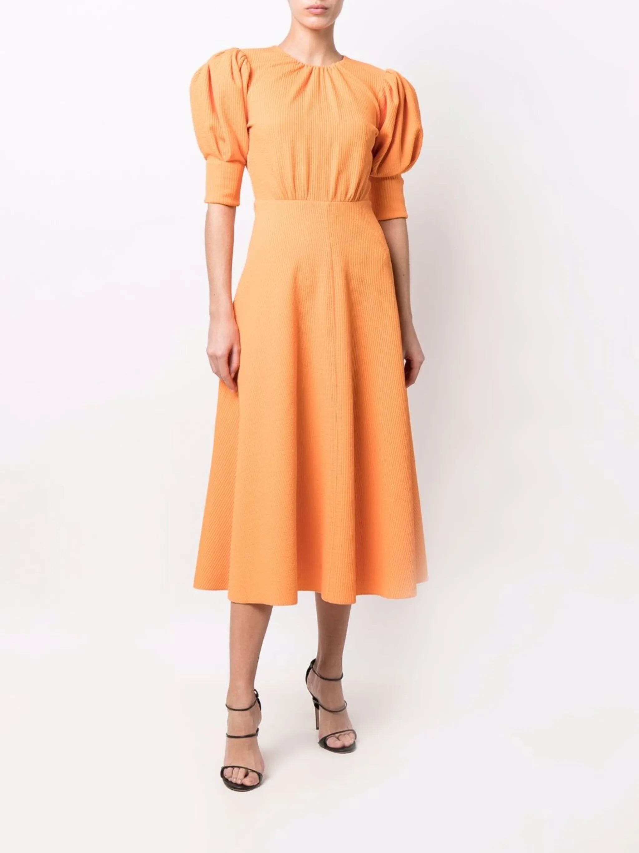 puff-sleeved midi dress