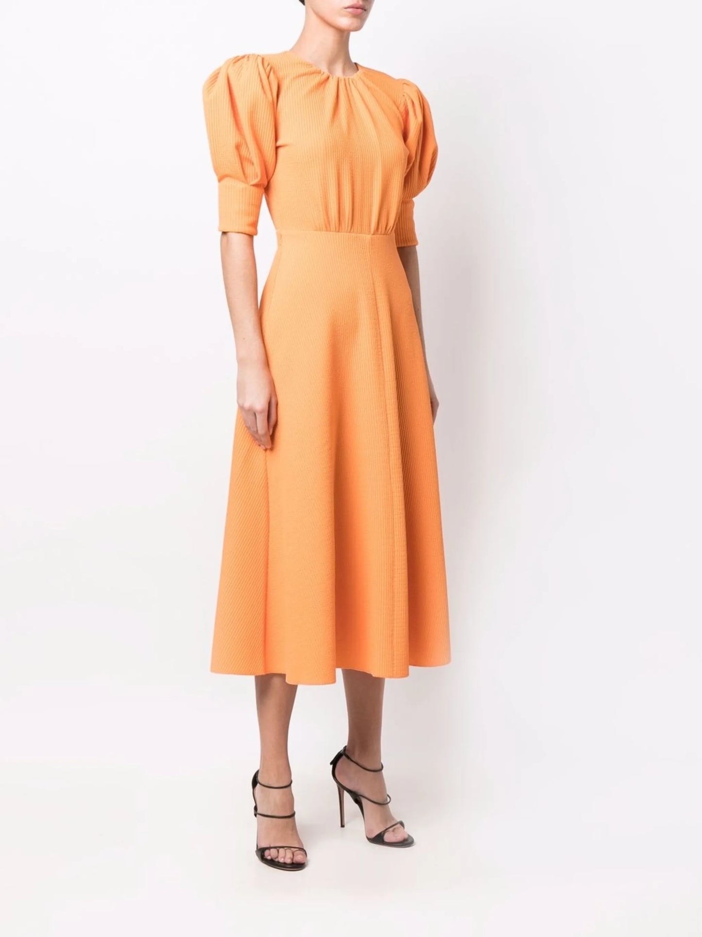 puff-sleeved midi dress