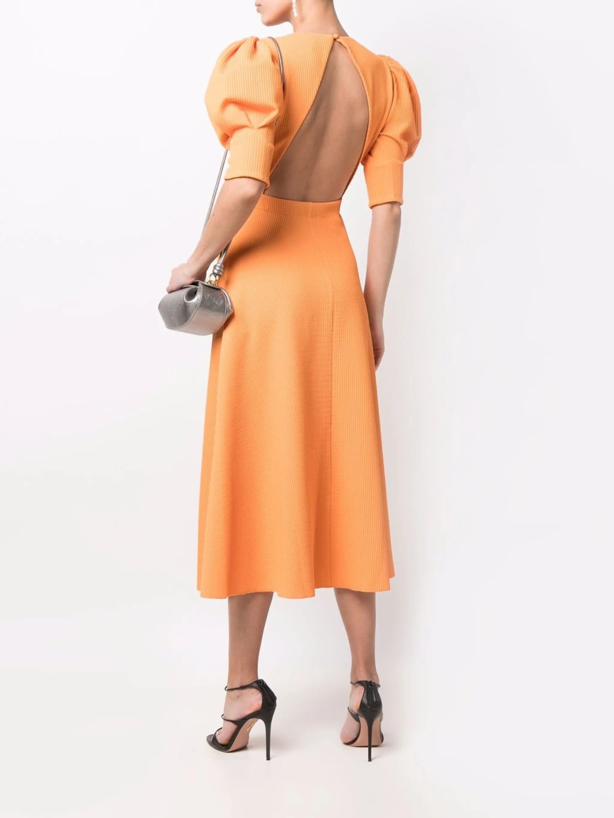 puff-sleeved midi dress