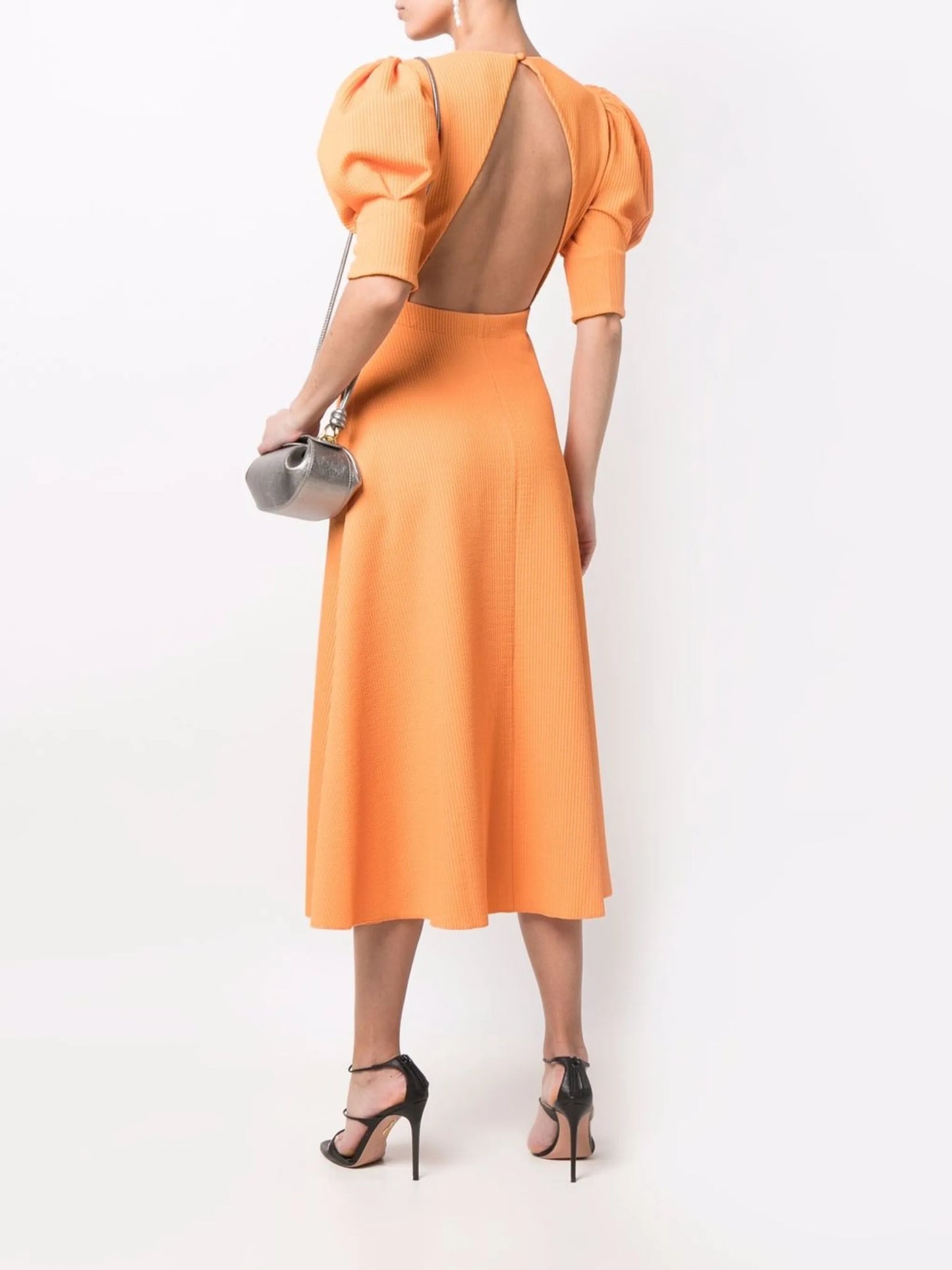 puff-sleeved midi dress