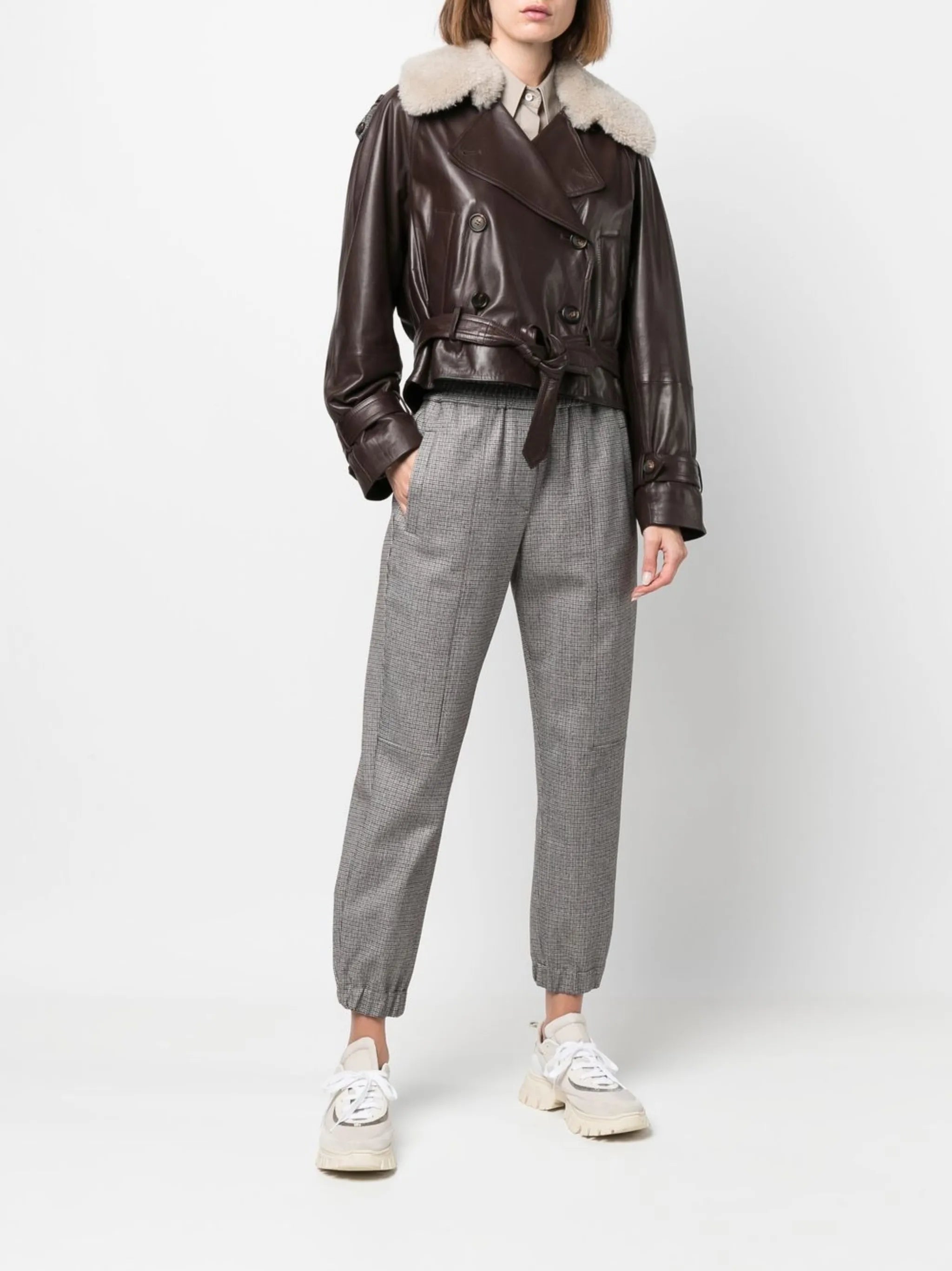 double-breasted belted leather jacket